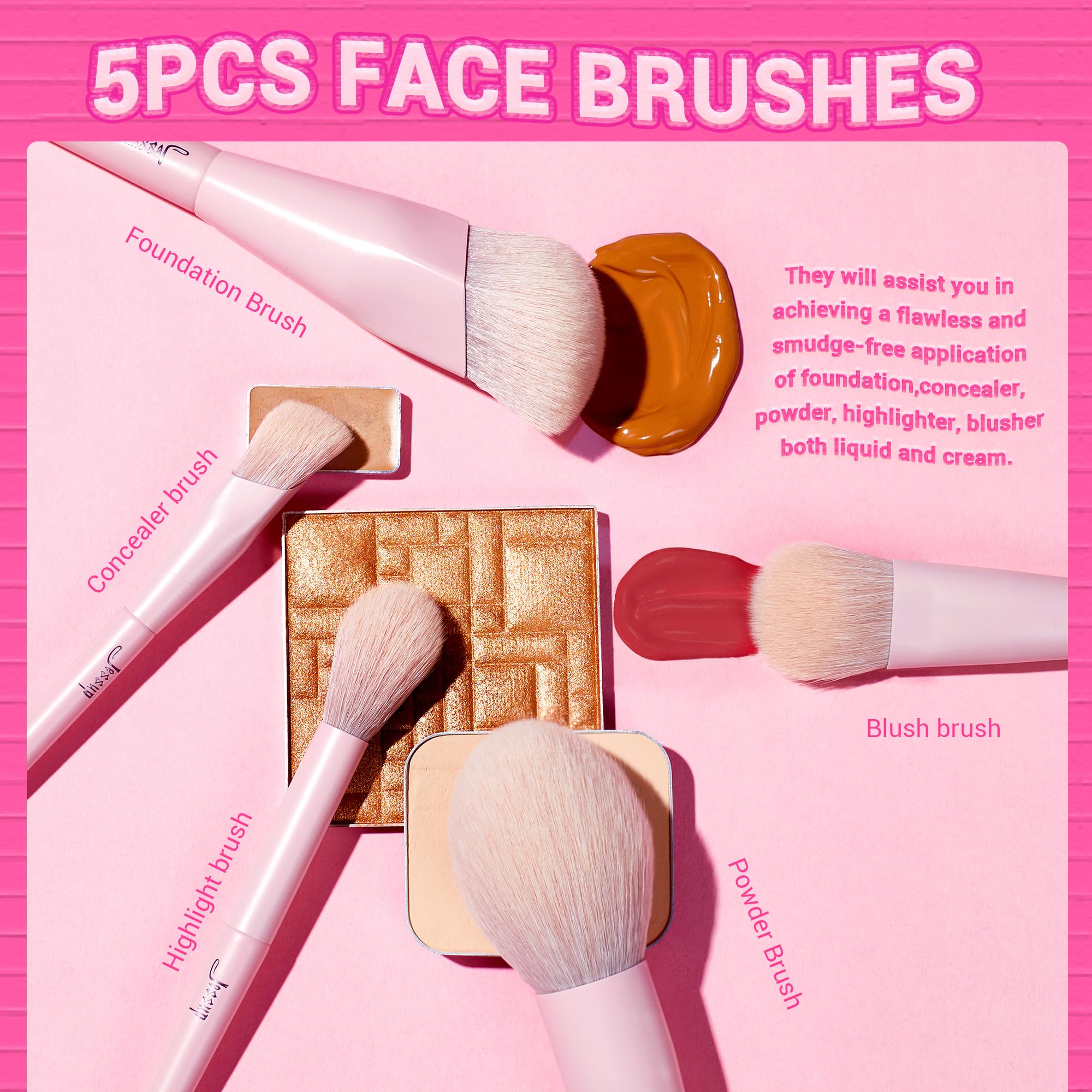 Jessup Pink Makeup Brushes Set 14Pcs Make Up Brushes Premium Vegan Foundation Concealer Blush Eyeshadow Eyeliner Powder Highligh