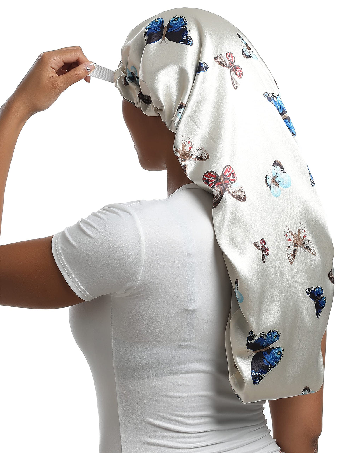 SAYMRE Satin Bonnet Silky Sleep Cap,Adjustable Hair Bonnet for Braids curly Hair (Long Size, Long butterfly)