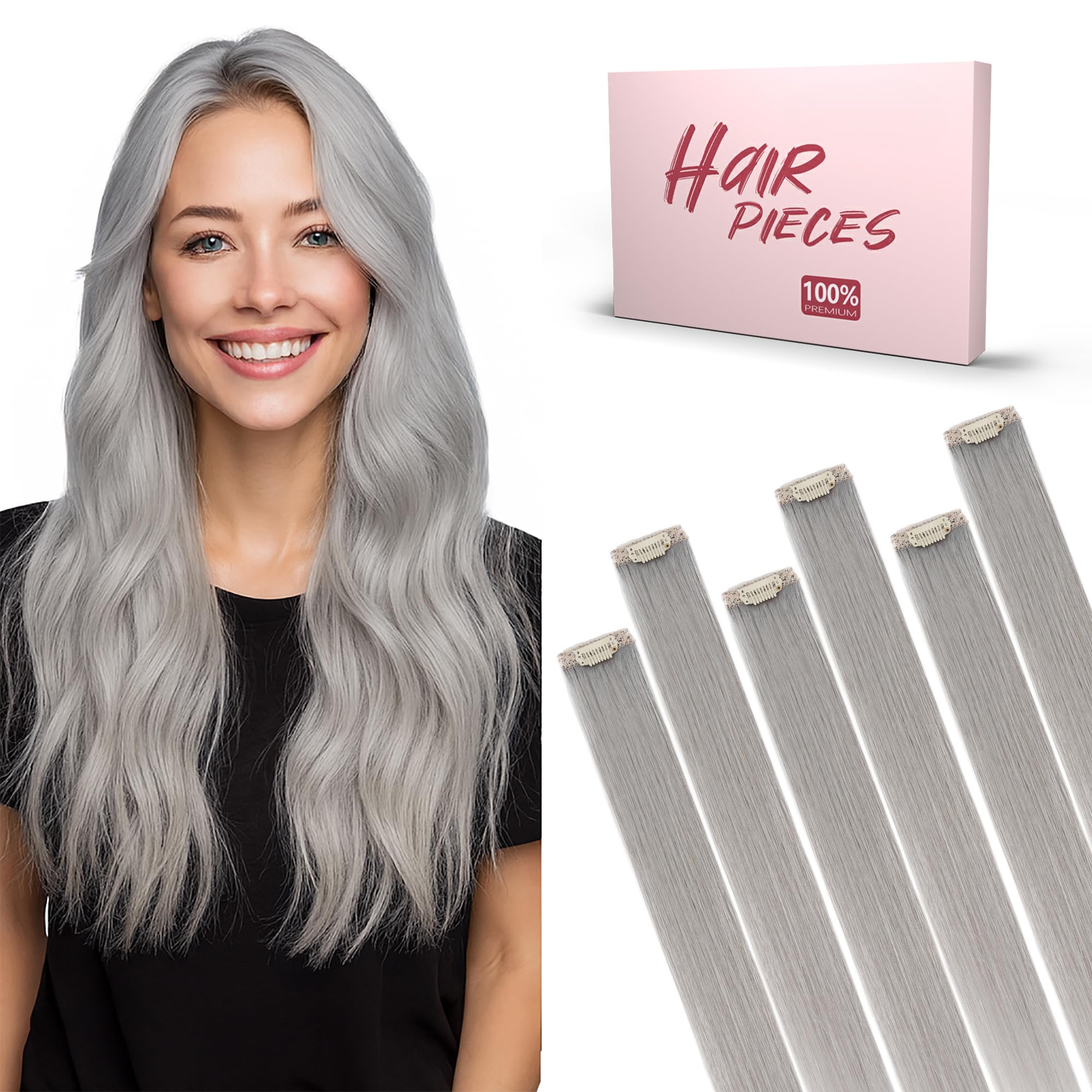 SEGO Clip In Short Hair Extensions Real Human Hair Single 6 Pcs Silver Grey Individual Clip Ins Remy Straight Soft Seamless Hair