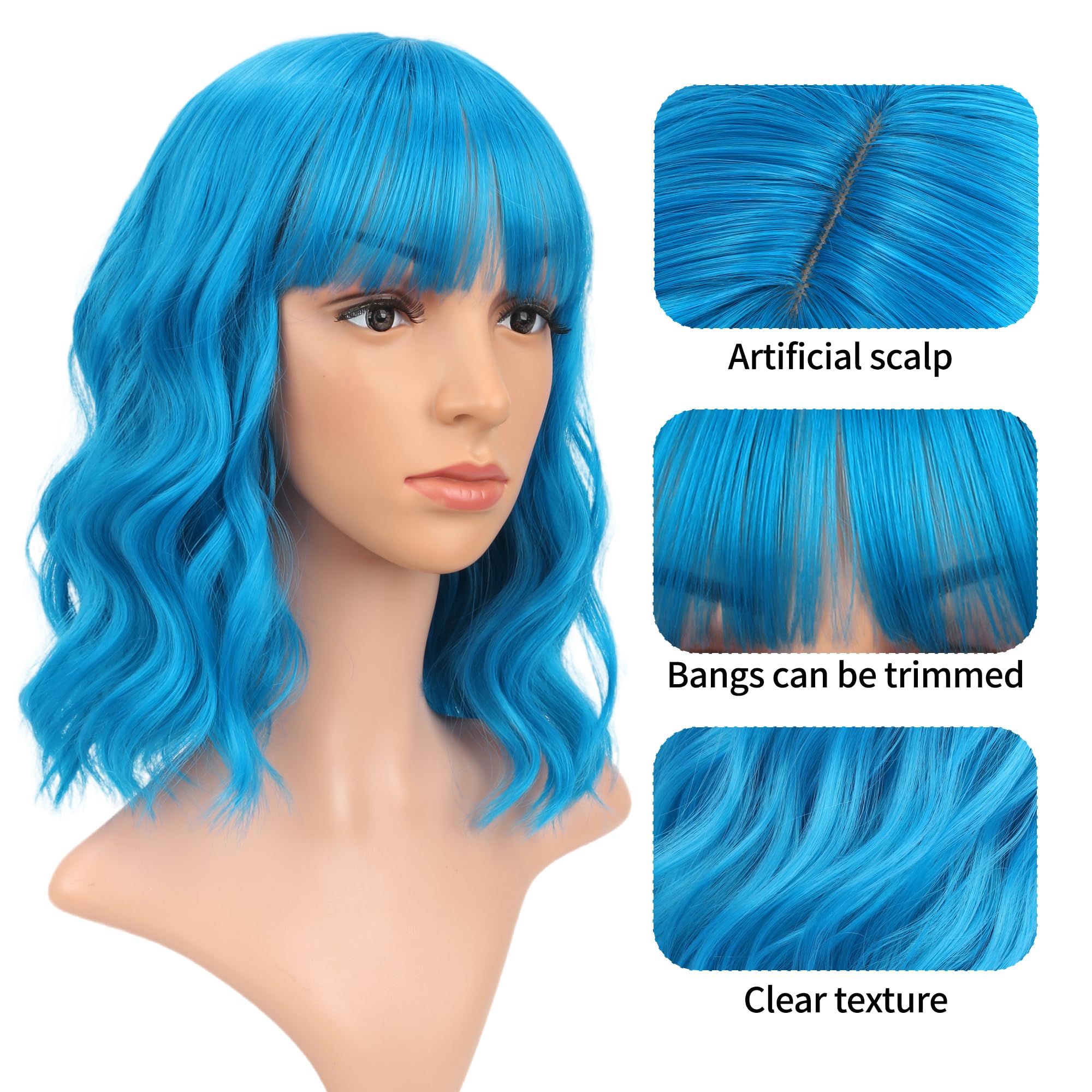 VCKOVCKO Short Bob Wigs Lake blue Wavy Wig With Air Bangs Women's Shoulder Length Wigs Curly Wavy Synthetic Cosplay Wig Pastel B