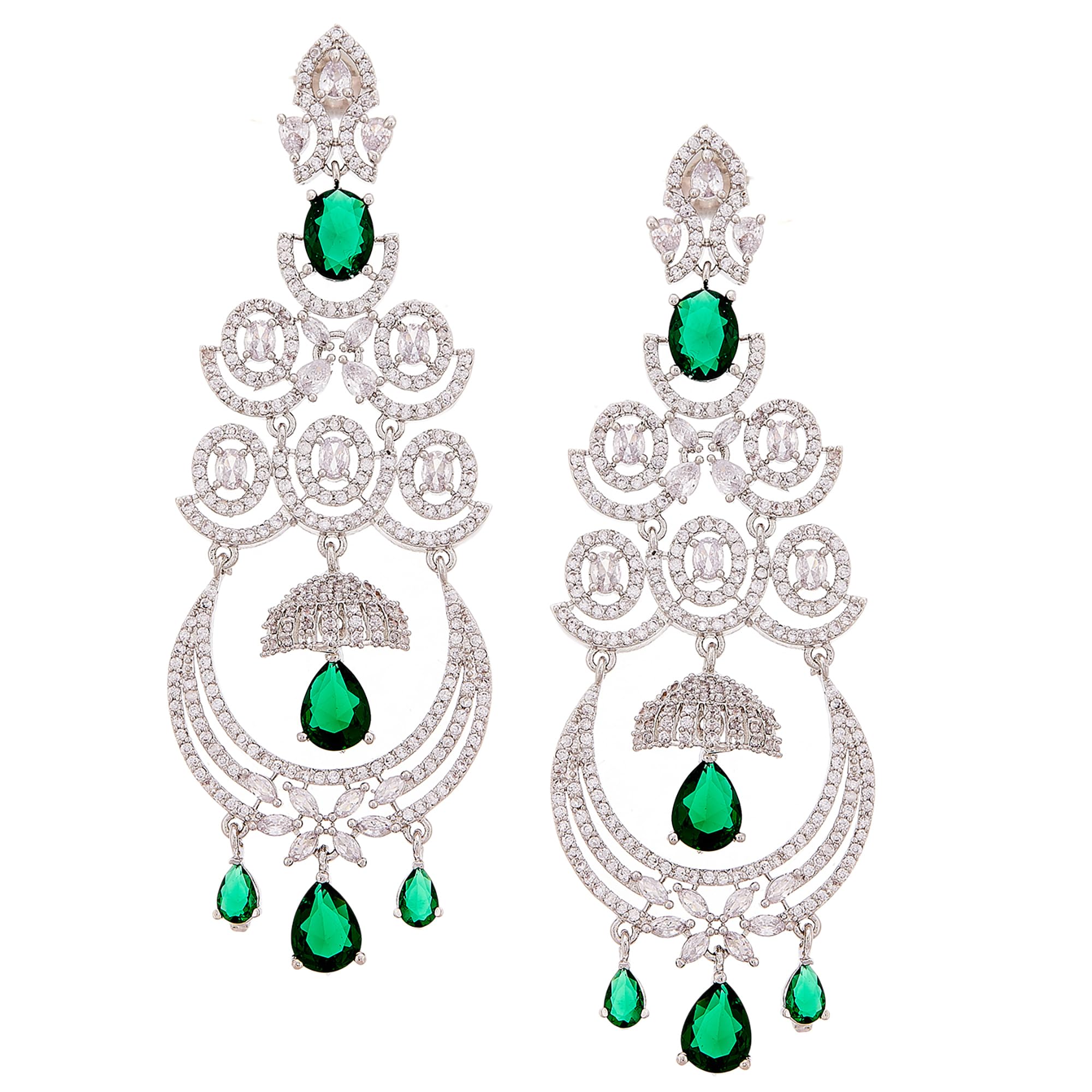 Zeneme Floral Shaped American Diamond Dangle Chandelier Earring For Women And Girls (Green Rhodium)