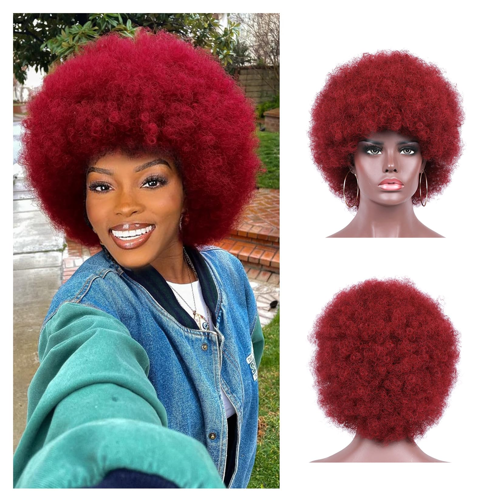 Kavsni Wig 70's Curly Wigs for Black Women Large Bouncy Fluffy and Soft Natural Looking Afro Kinky Wig 8 Inches (Red)