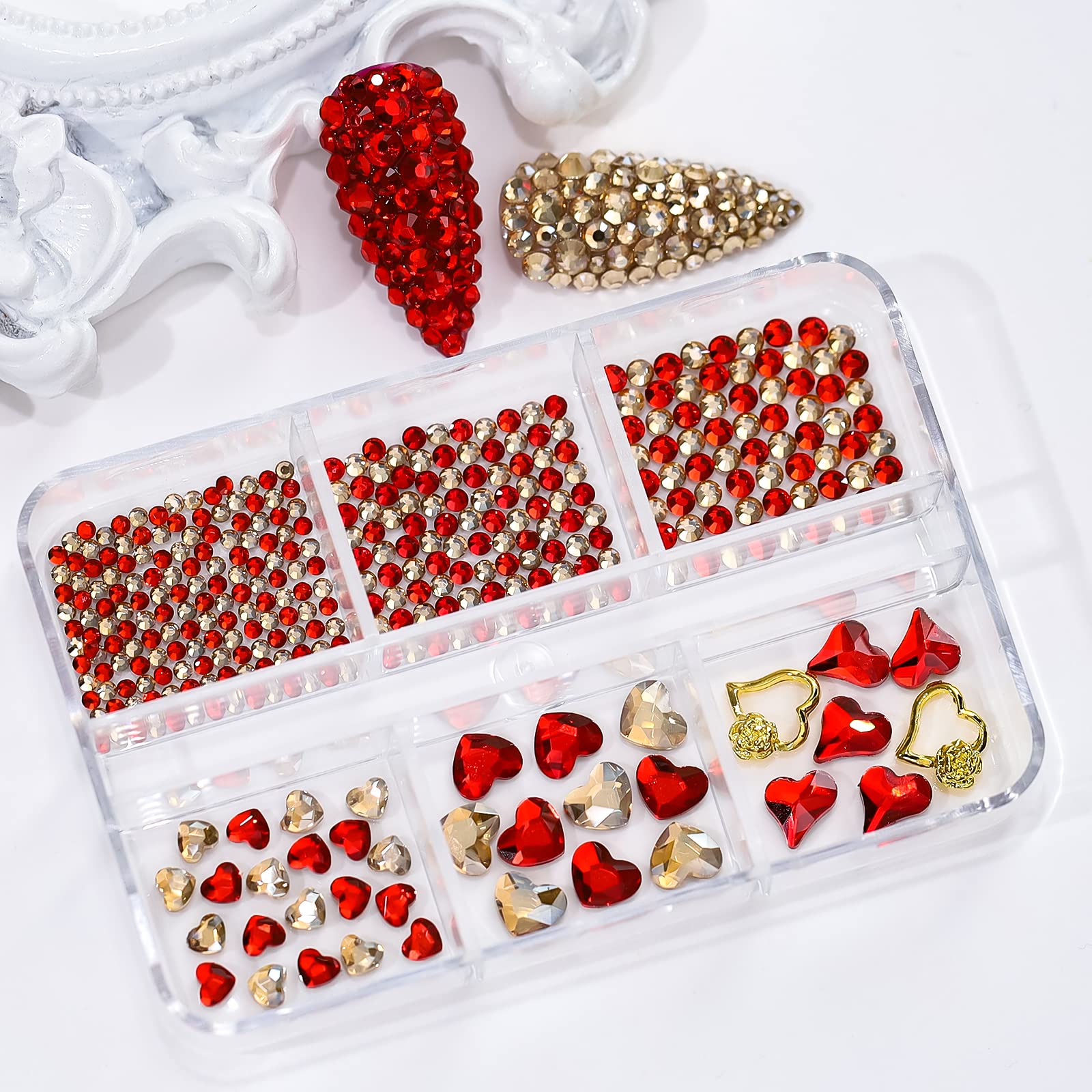 Mkwntg Red Heart Nail Charms Valentine'S Day Luxury Nail Art Rhinestones 3D Glitter Nail Jewelry Red Gold Round Beads Flat Back