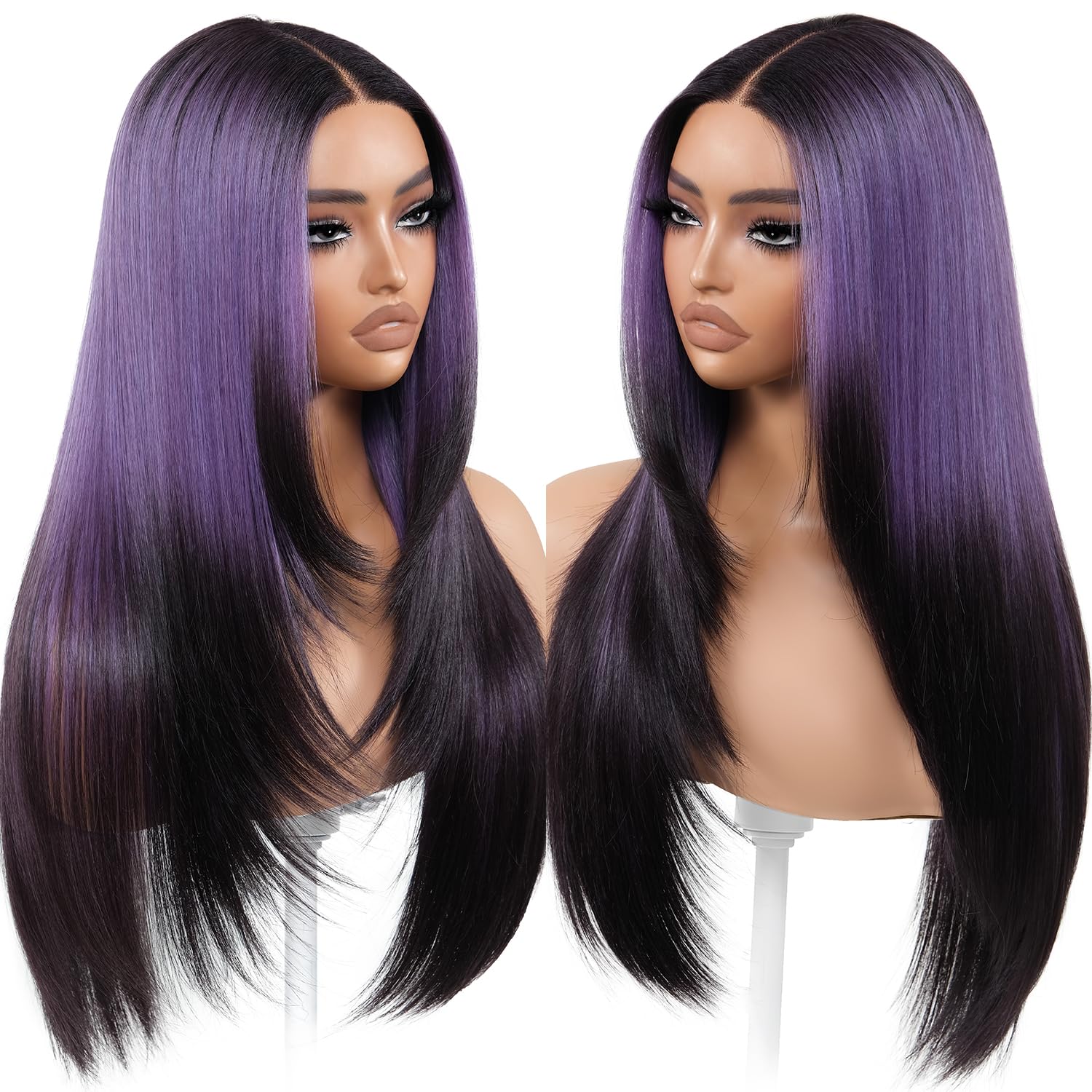 Brownbomb Ombre Purple Black Wear and Go Glueless Wigs Pre Plucked Pre Cut for Beginners Synthetic Lace Front Wigs With Bangs Lo