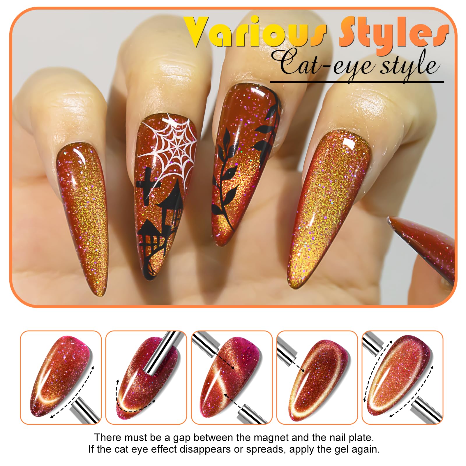 Nxj Infilila Cat Eye Gel Nail Polish,15Ml Holographic Cat Eye Gel Polish, Pink Orange Glitter Cat Eye Polish Magnetic Reflective