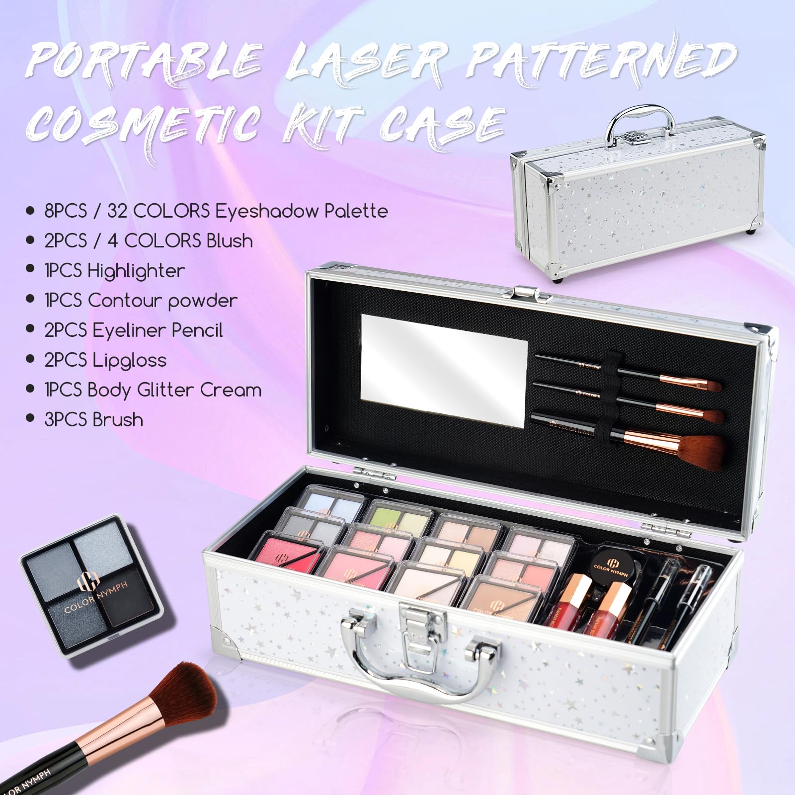 Color Nymph Beginners Makeup Kit With Train Case For Teenagers Girls, Full Starter Cosmetics Set Included 32 Colors Eyeshadow, G