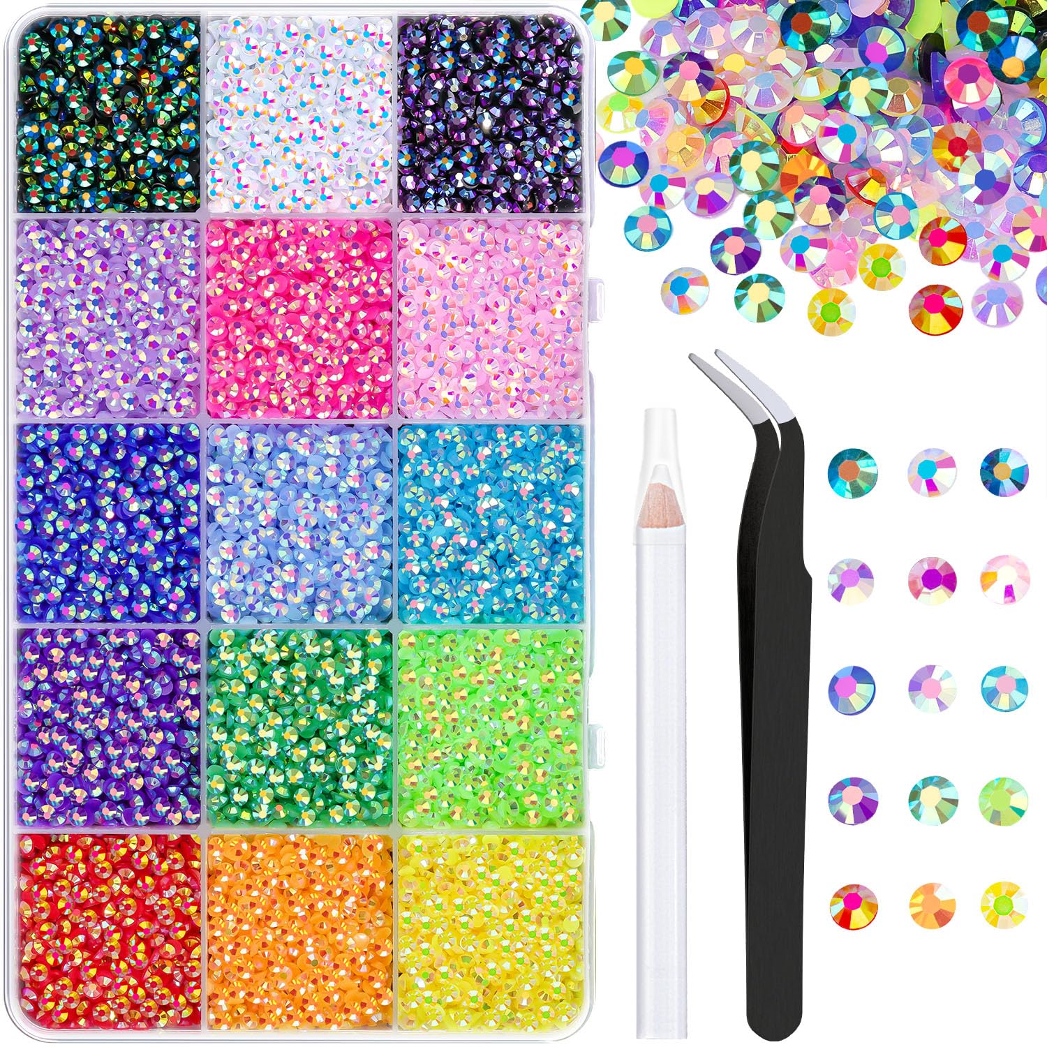 18000Pcs Resin Jelly Rhinestones with Tweezers for Crafting, Mixed-Color 3mm Flatback Gems, Bedazzling Crystal for DIY Crafts Cl