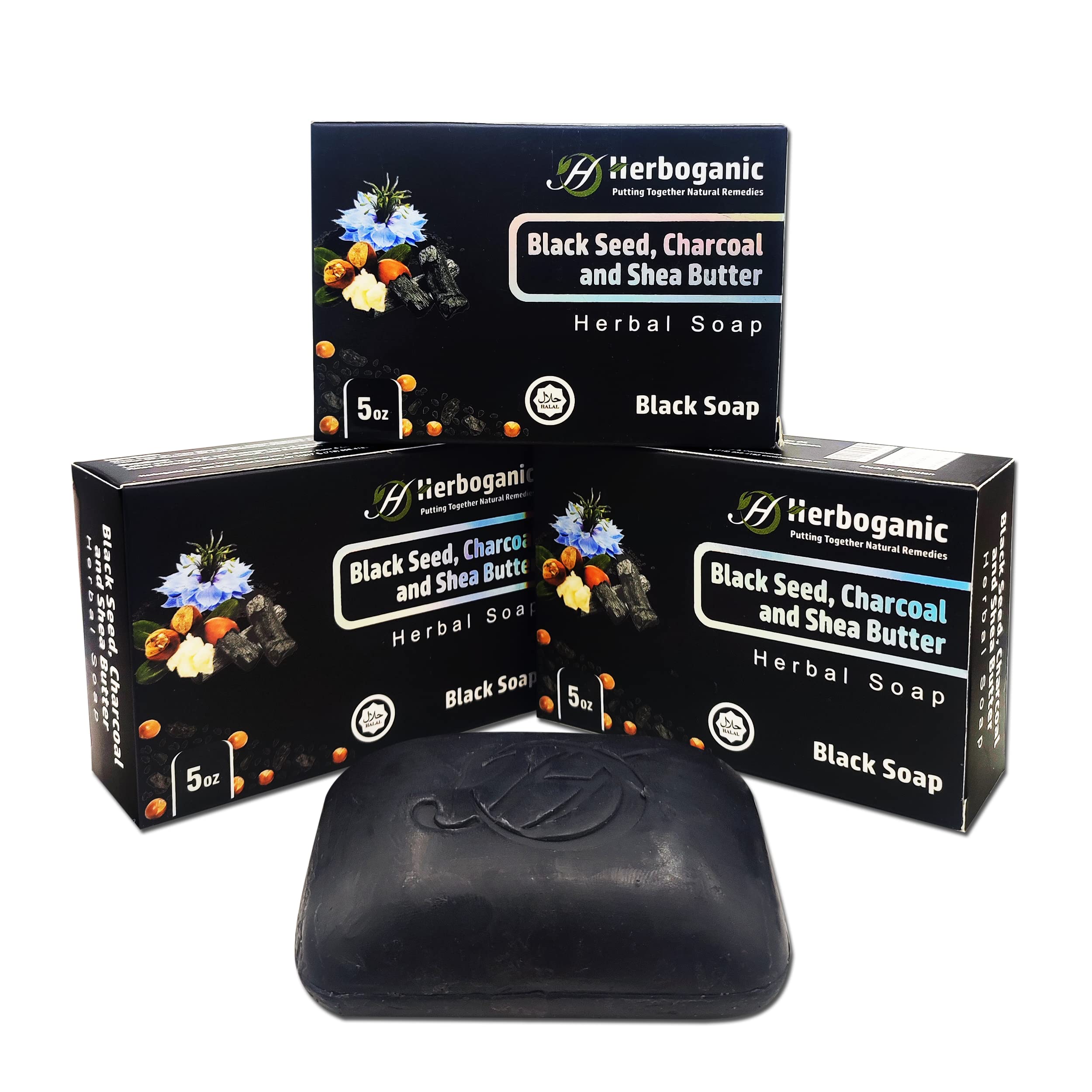 HERBOGANIC Black Seed, Charcoal and Shea Butter Herbal Soap | Pack of 3 of 5oz soap Bar | Natural Bar Soap for Face and Body | H