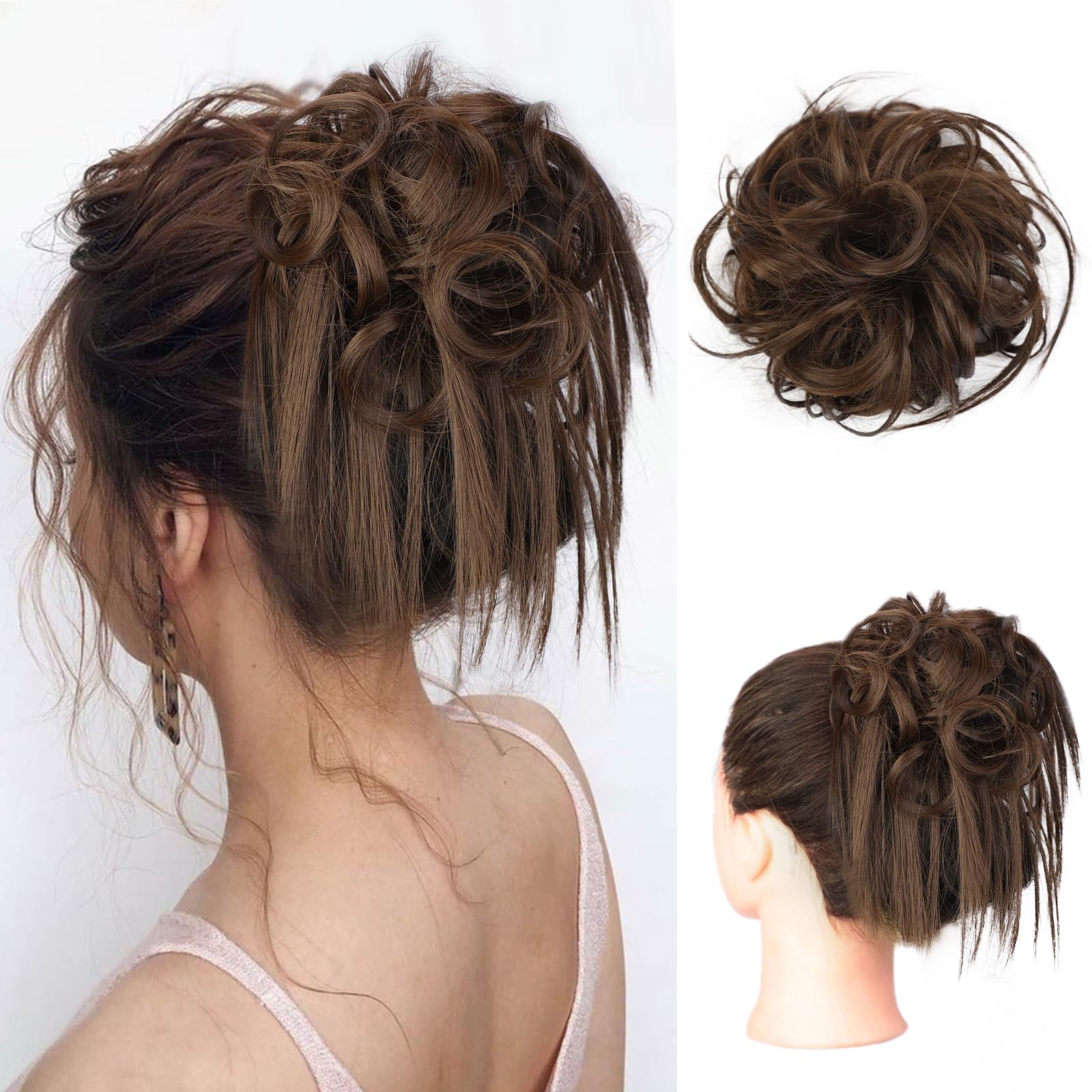 Lativ Messy Bun Hair Piece Scrunchie Extension Tousled Updo Hair Bun Hair Hairpieces Synthetic Chignon for Women (Chestnut Brown