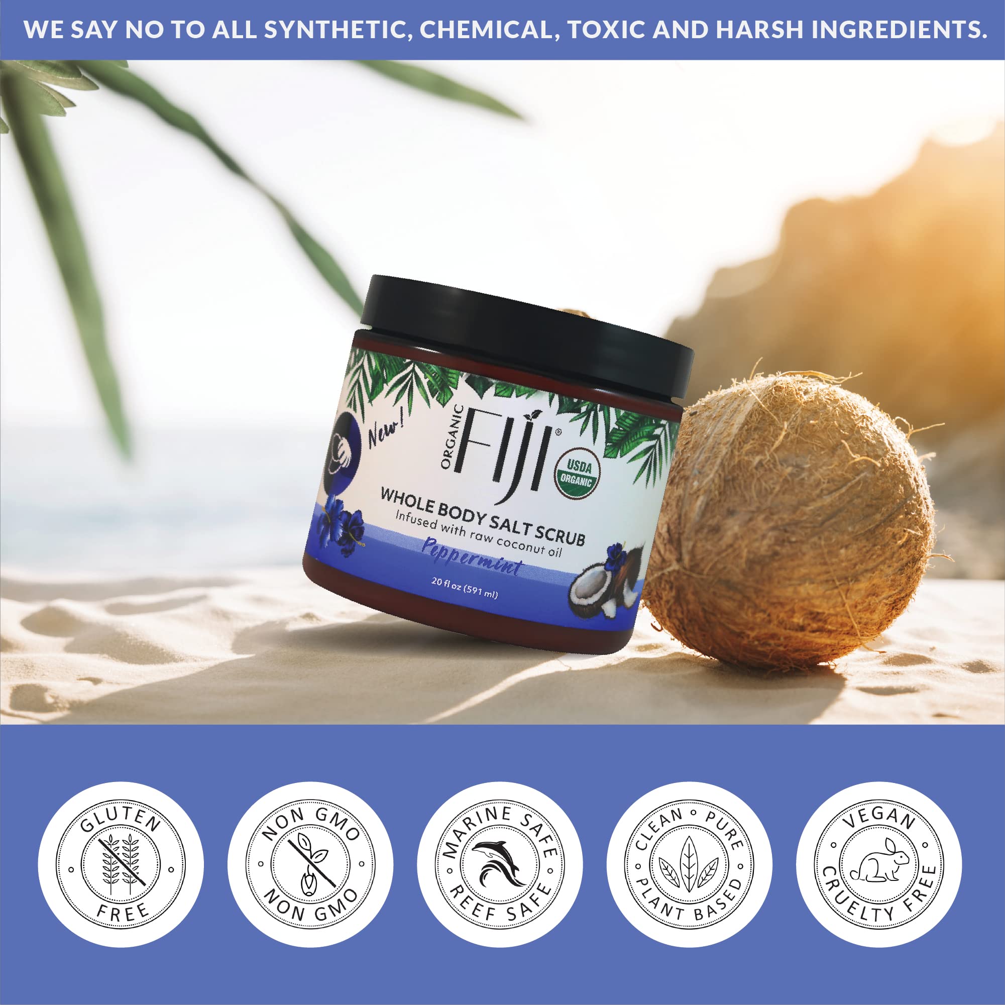 Organic Fiji Whole Body Scrub - Infused with Coconut Oil, Exfoliating Sea salt Scrub for Smooth and Soft Skin, Exfoliates & Rest