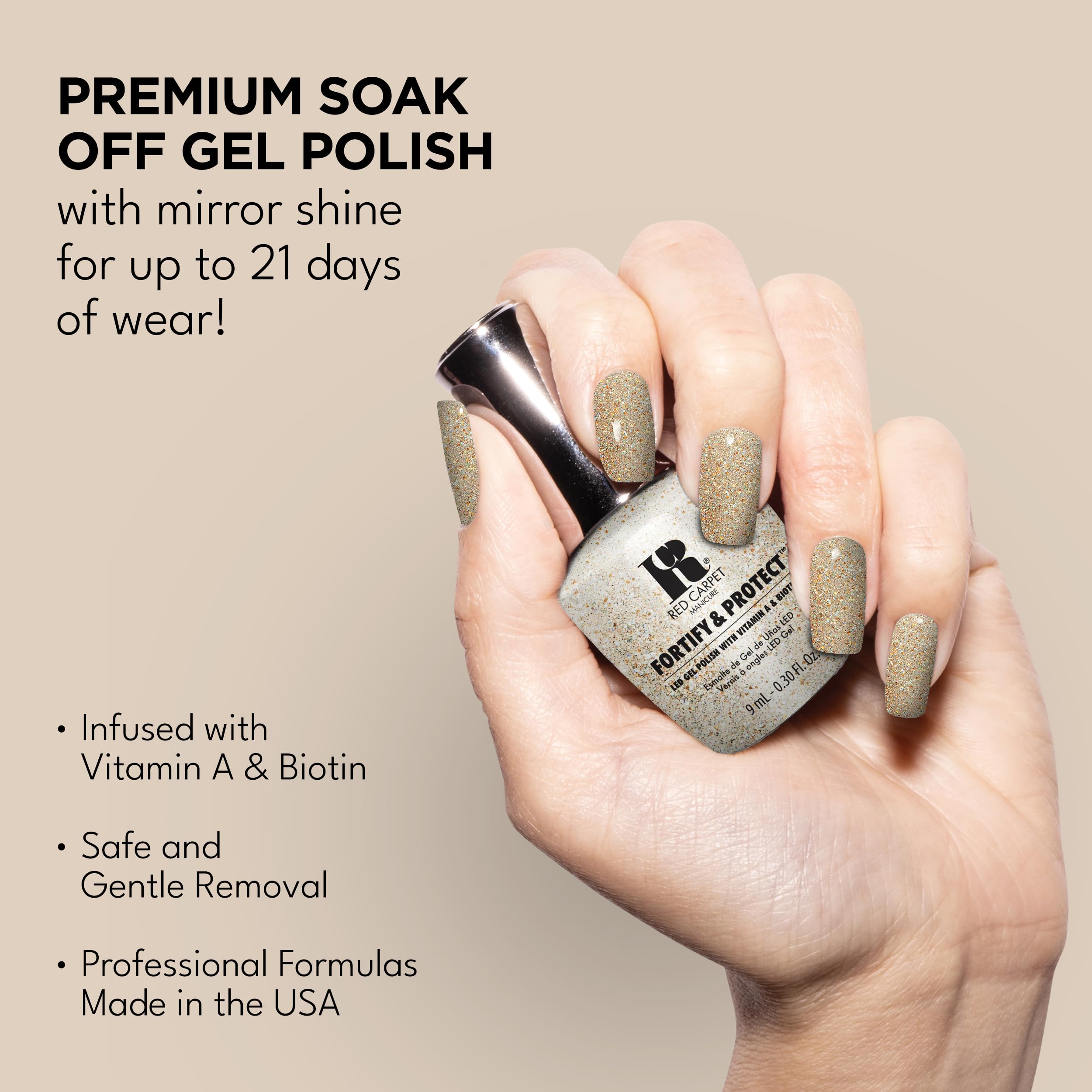 RC Red Carpet Manicure Fortify & Protect Gold Glitter Gel Polish for Strong, Healthy Nails - Infused with Vitamin A & Biotin - (
