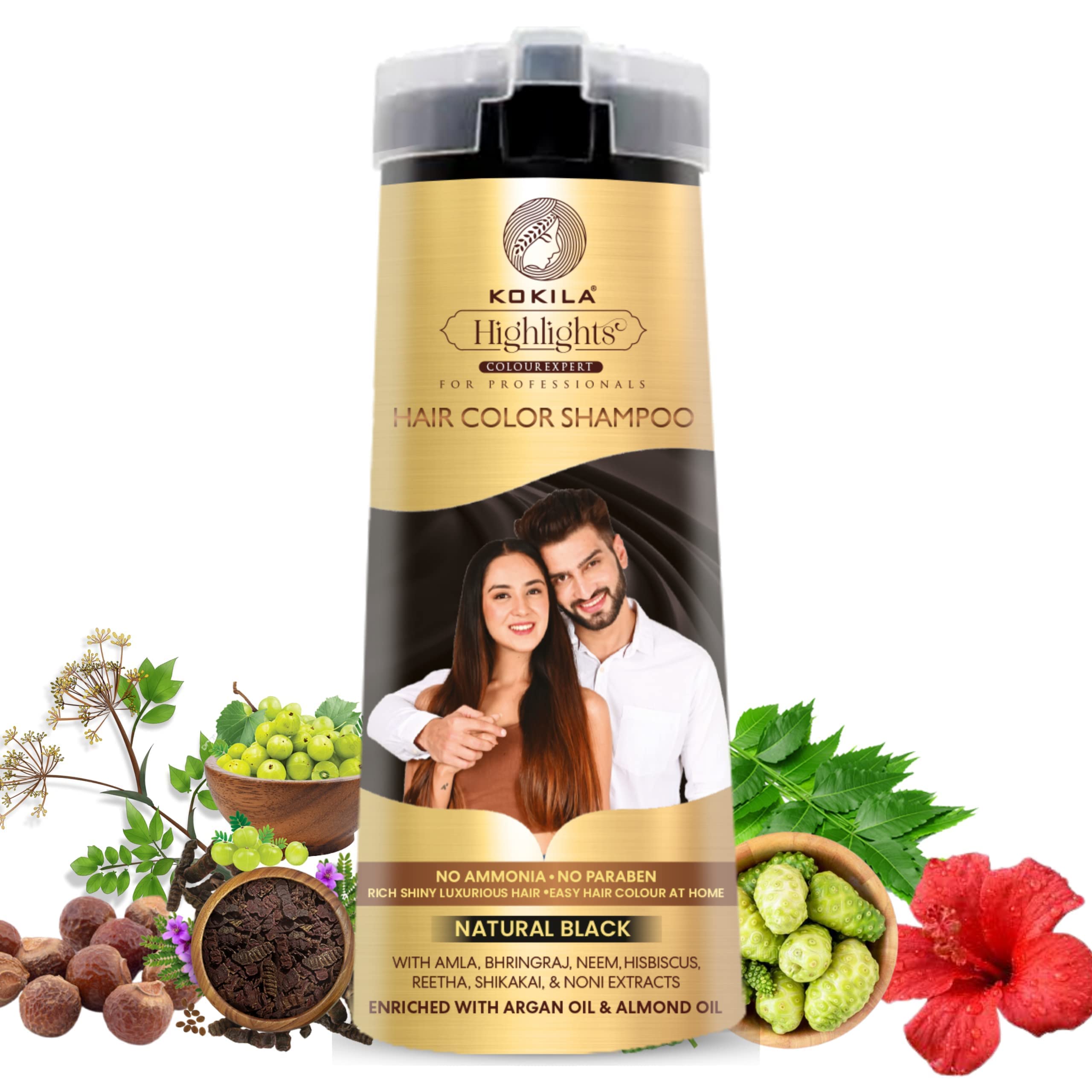 Kokila Hair Color Shampoo For Men & Women | No Ammonia - No Paraben | 10 Pair Free Gloves, Natural Black 200Ml