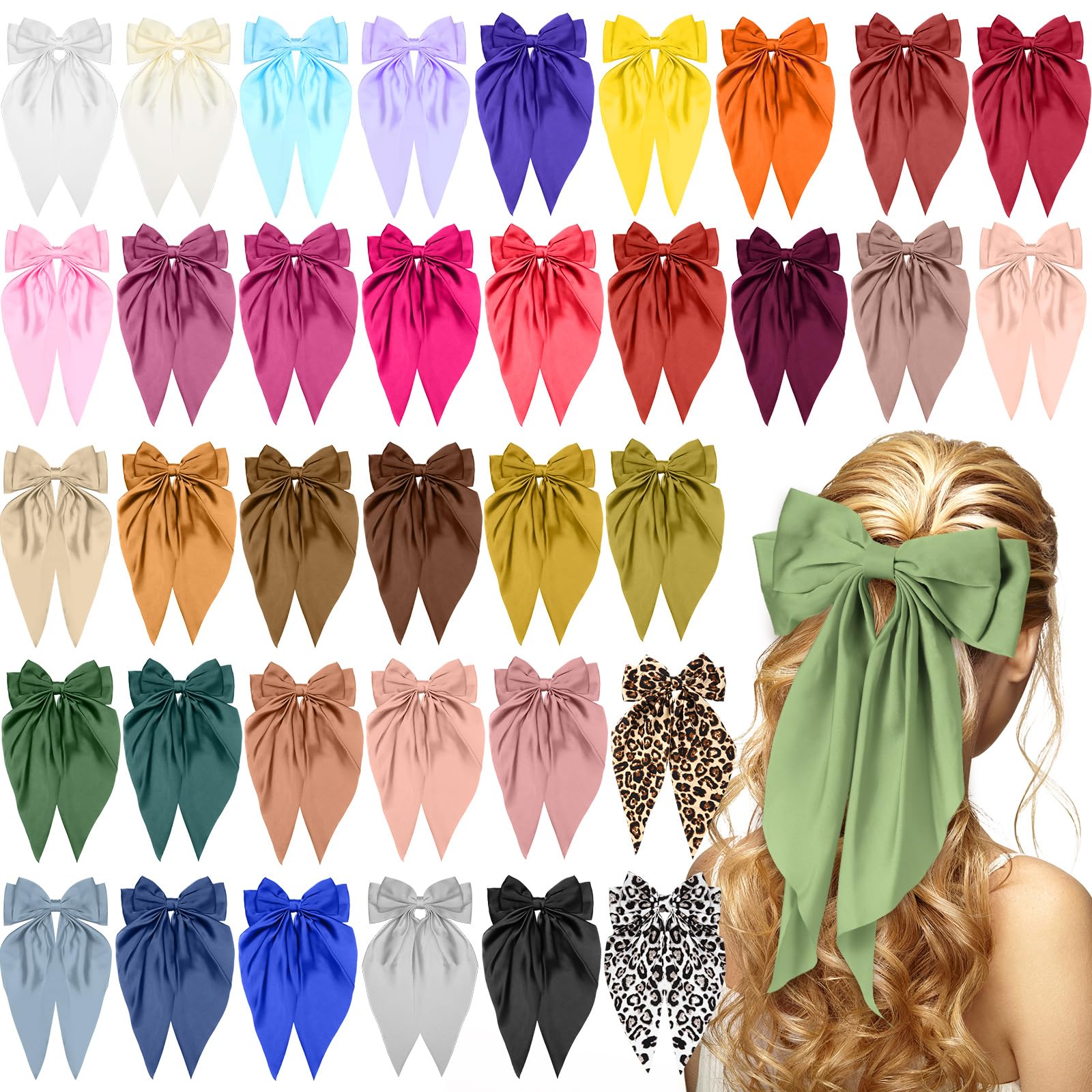 Mimorou 36 Pcs Big Hair Bows for Women Silky Satin Hair Bows Bulk Oversized Long Tail Black White Hair Bow Large Hair Ribbons Ha