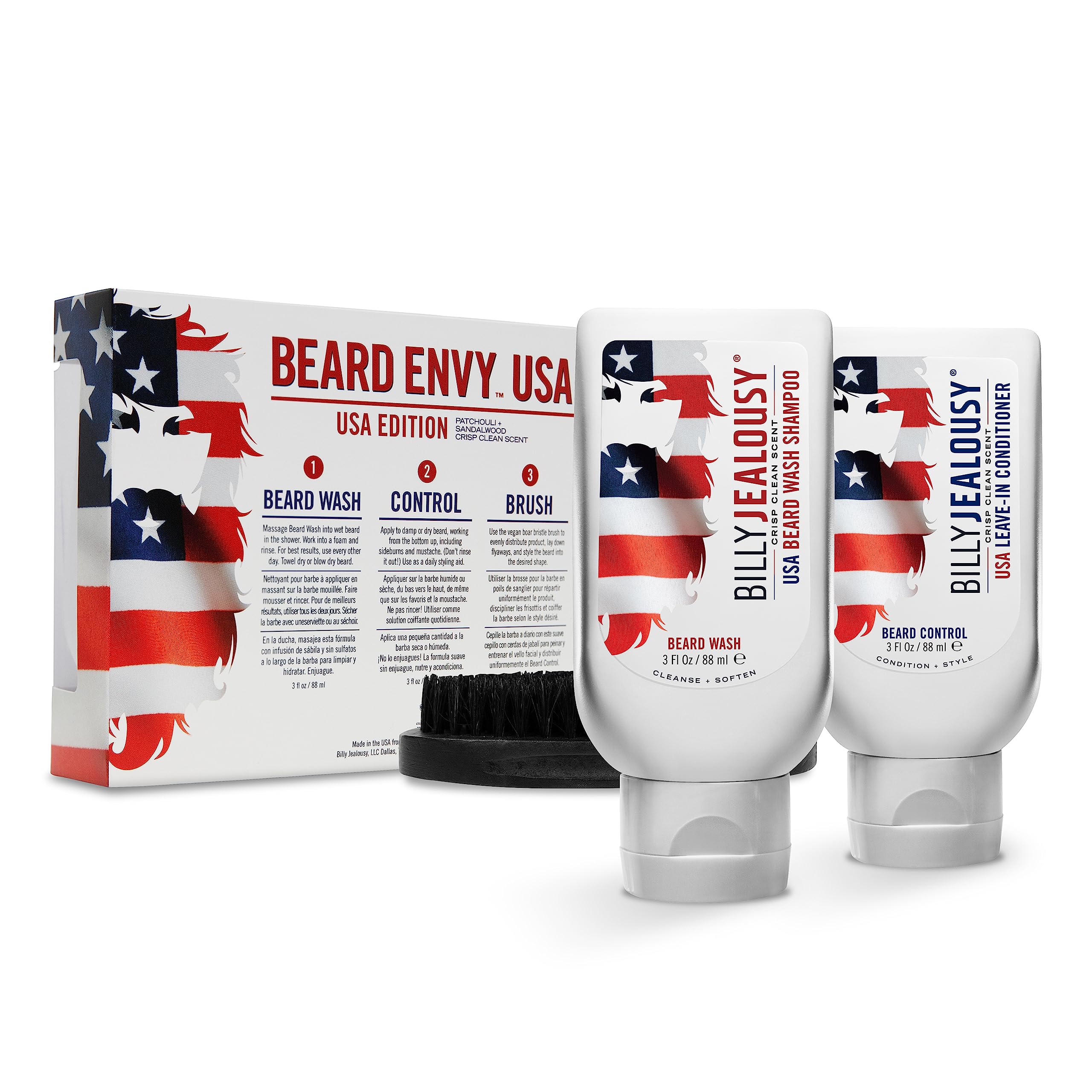 Billy Jealousy Beard Envy Usa Edition - Beard Introductory Kit With Usa Beard Wash Shampoo, Usa Leave-In Conditioner And Vegan B