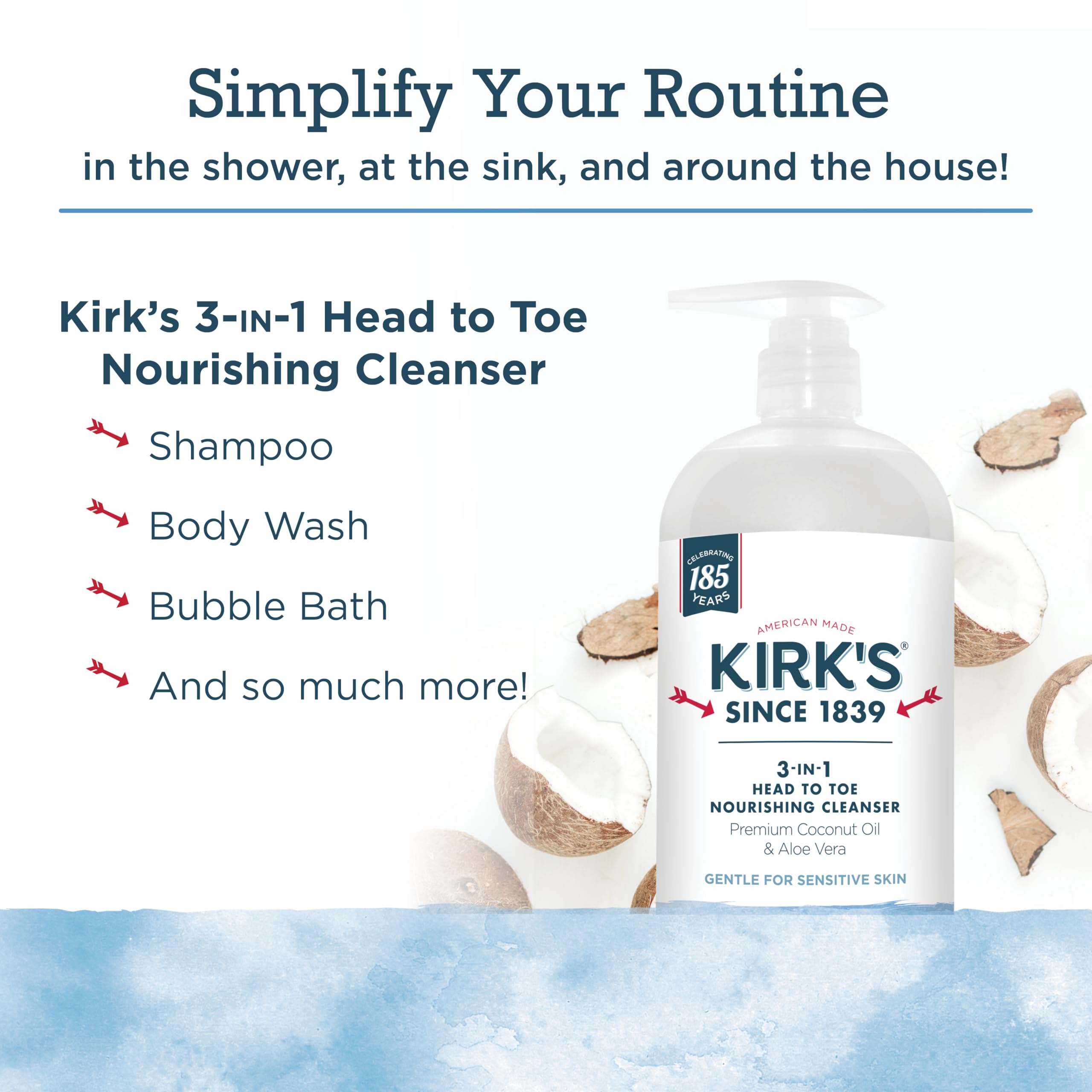Kirk'S 3-In-1 Castile Liquid Soap Head-To-Toe Natural Shampoo, Face Soap & Body Wash For Men, Women & Children | Coconut Oil + A
