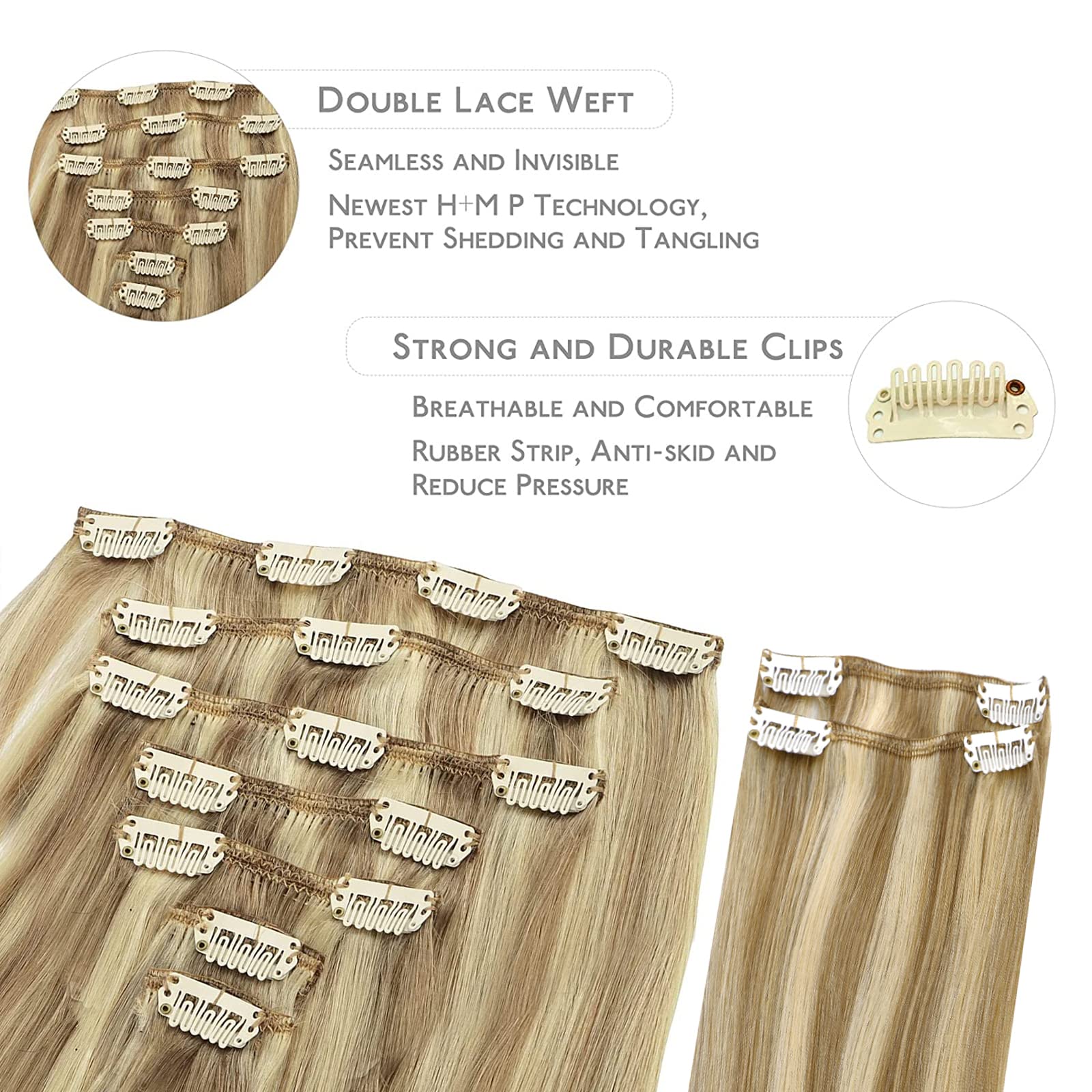 Wennalife Clip In Hair Extensions, 150G 18 Inch 9Pcs Light Blonde Highlighted Golden Blonde Human Hair Extensions Thicker Clip I