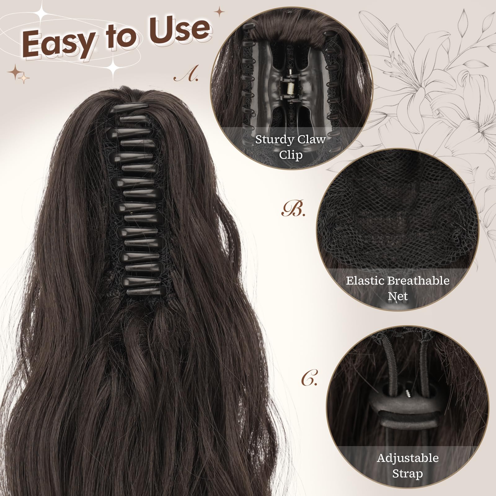 Feshfen Ponytail Extensions, Long Claw Clip In Ponytail Hairpiece Synthetic Pony Tails Hair Piece Natural Wavy Hairpieces For Wo