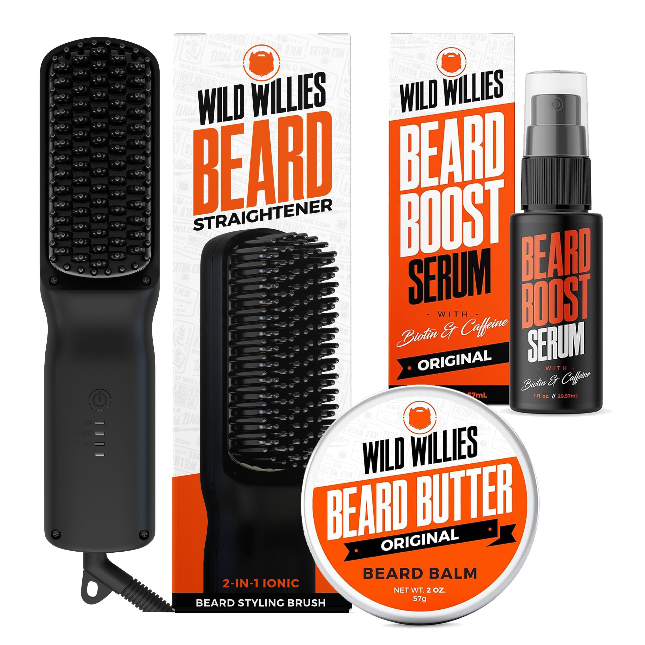 Wild Willies Beard Care Kit: Beard Butter, Boost Serum, Straightener Brush For Thicker, Fuller Hair
