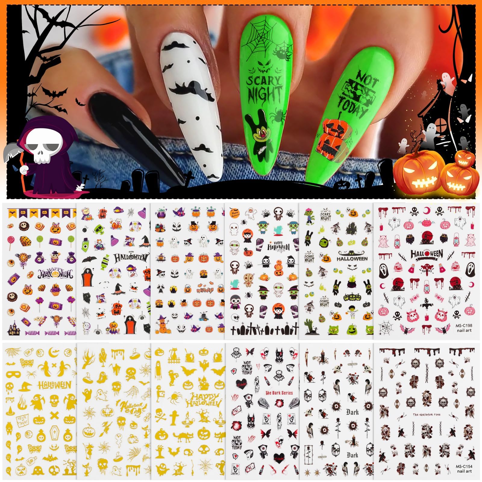 Halloween Nail Art Stickers Decals, Kalolary Self-Adhesive Diy Nail Sticker Decals 3D Design Nail Decorations For Halloween Part