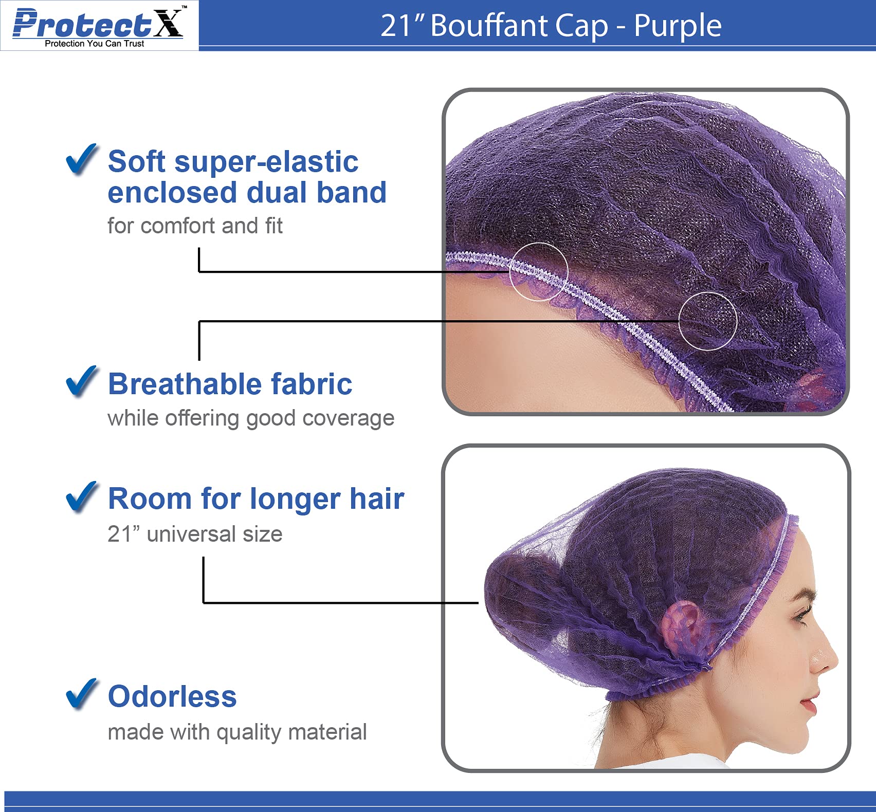 Protectx Disposable Bouffant (Hair Net) Caps Hair Head Cover Nets 21    (Purple 100 Pack)