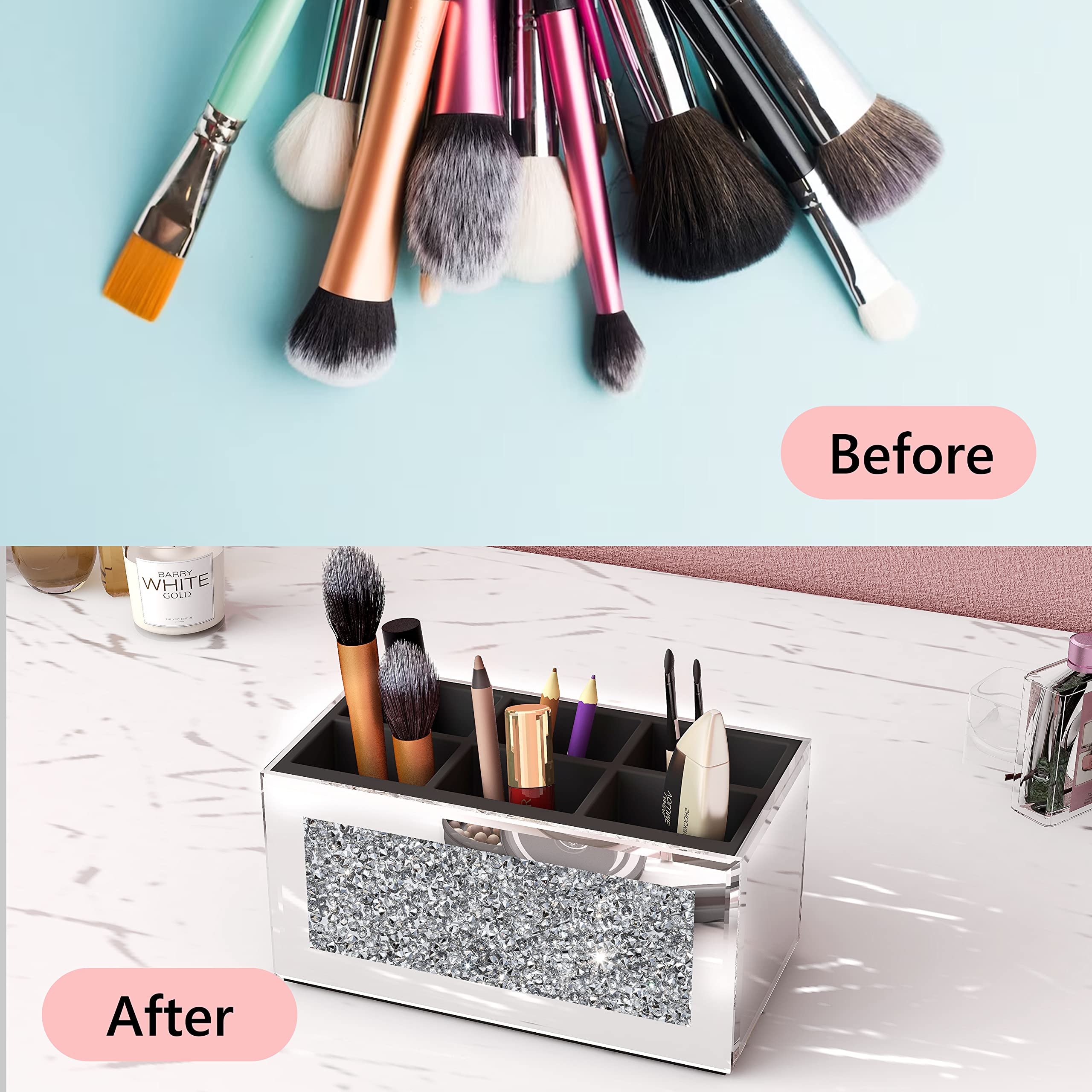 Shyfoy Makeup Brush Holder Organizer With Crushed Diamond 6 Slot Mirrored Make Up Cosmetics Organizers And Storage For Vanity Co