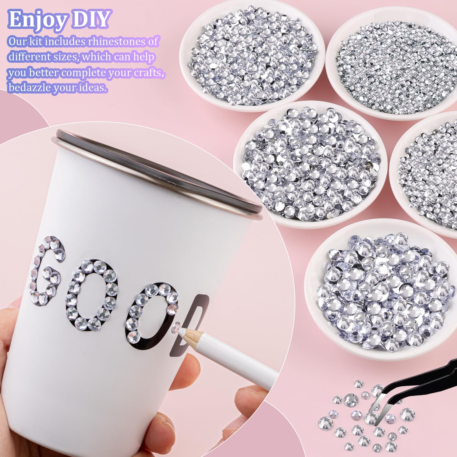 25000Pcs Resin Rhinestones With Tweezers For Crafting, Clear 2-6Mm Mixed Sizes Non Hotfix Flatback Gems, Bedazzling Crystal For