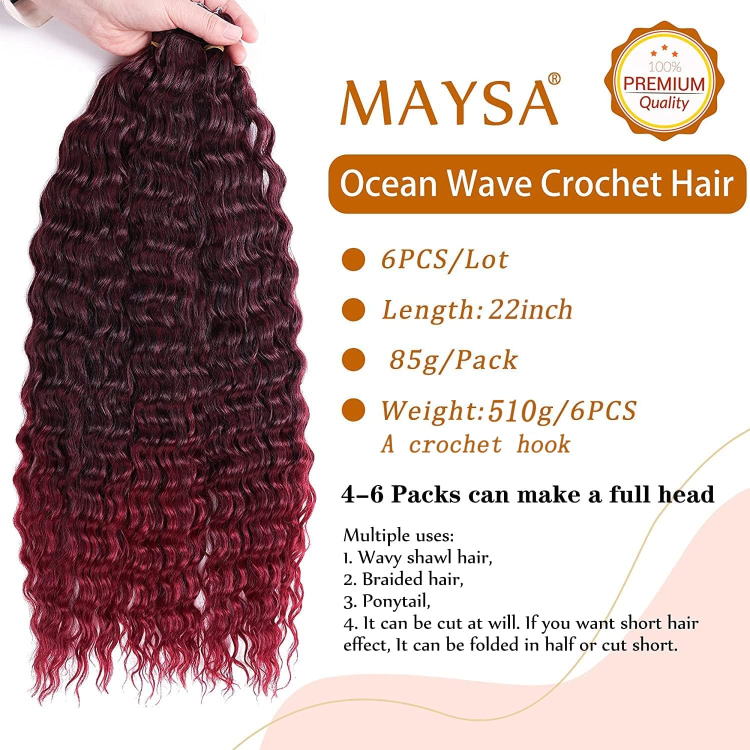 Burgundy Curly Braiding Crochet Hair Dark red Ocean Wave Crochet hair 22 inch 6Packs Deep Wave Crochet Hair Extensions for Women