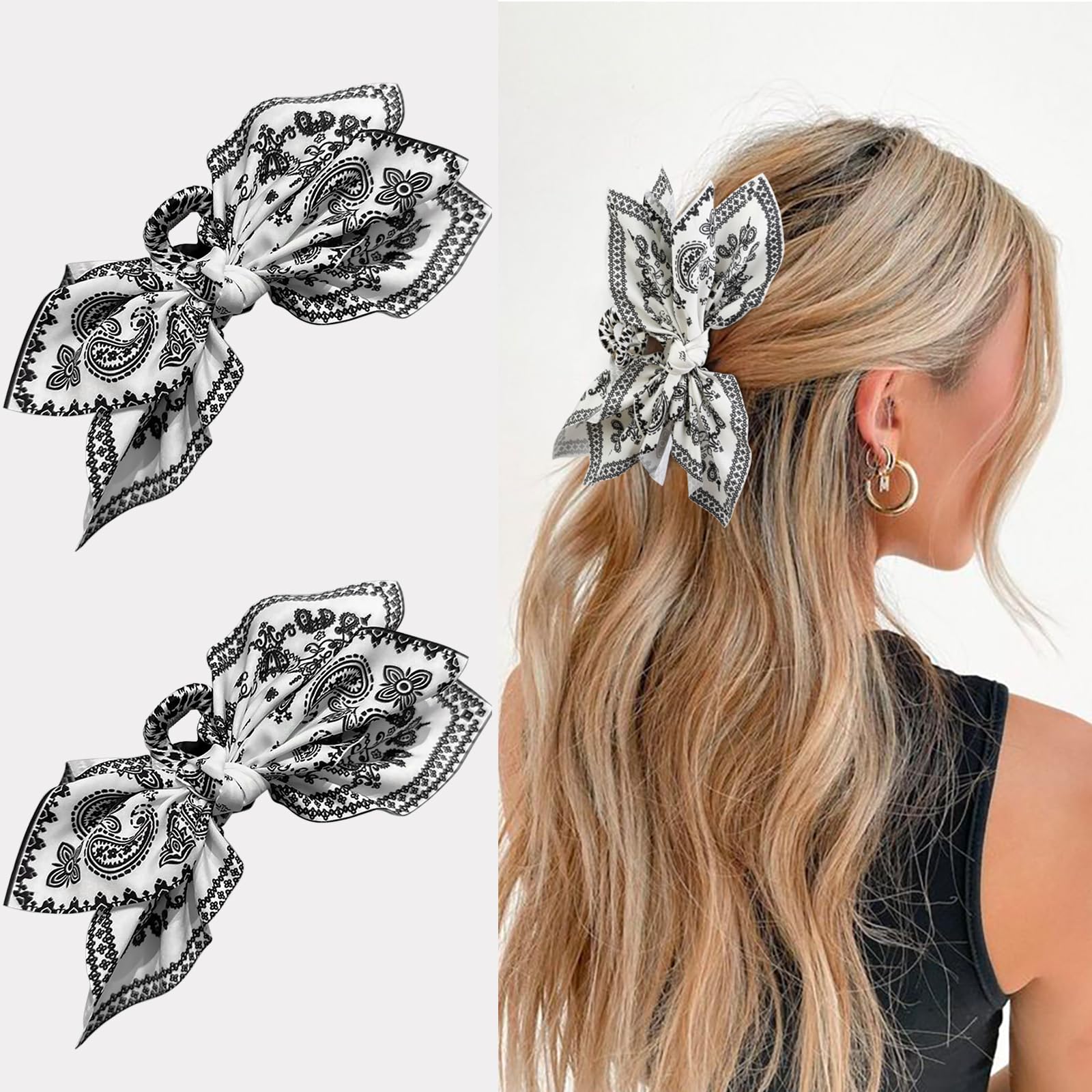 Boho Bandana Hair Claw Clips for Women, 2 Pcs Extra Large Claw Clips for Thick Hair Paisley Hair Clip Bow Knot Adorable Hair Cla