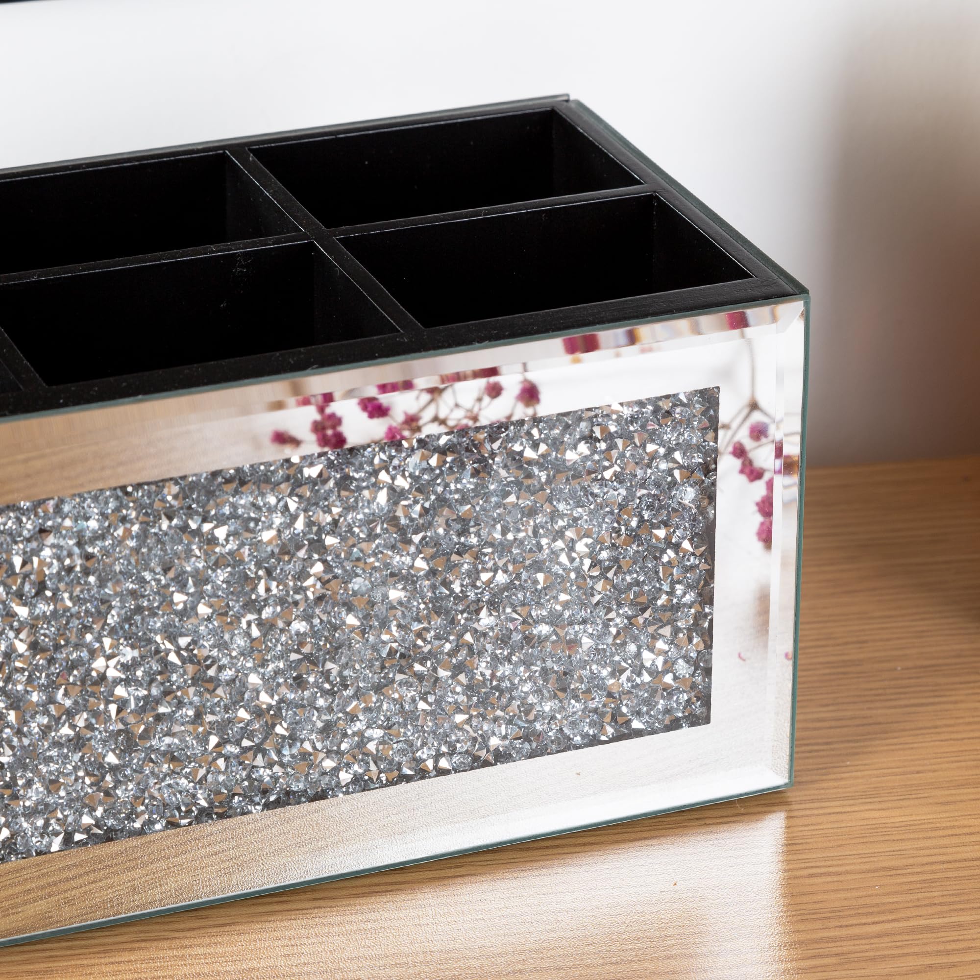 Shyfoy Makeup Brush Holder Organizer With Crushed Diamond 6 Slot Mirrored Make Up Cosmetics Organizers And Storage For Vanity Co