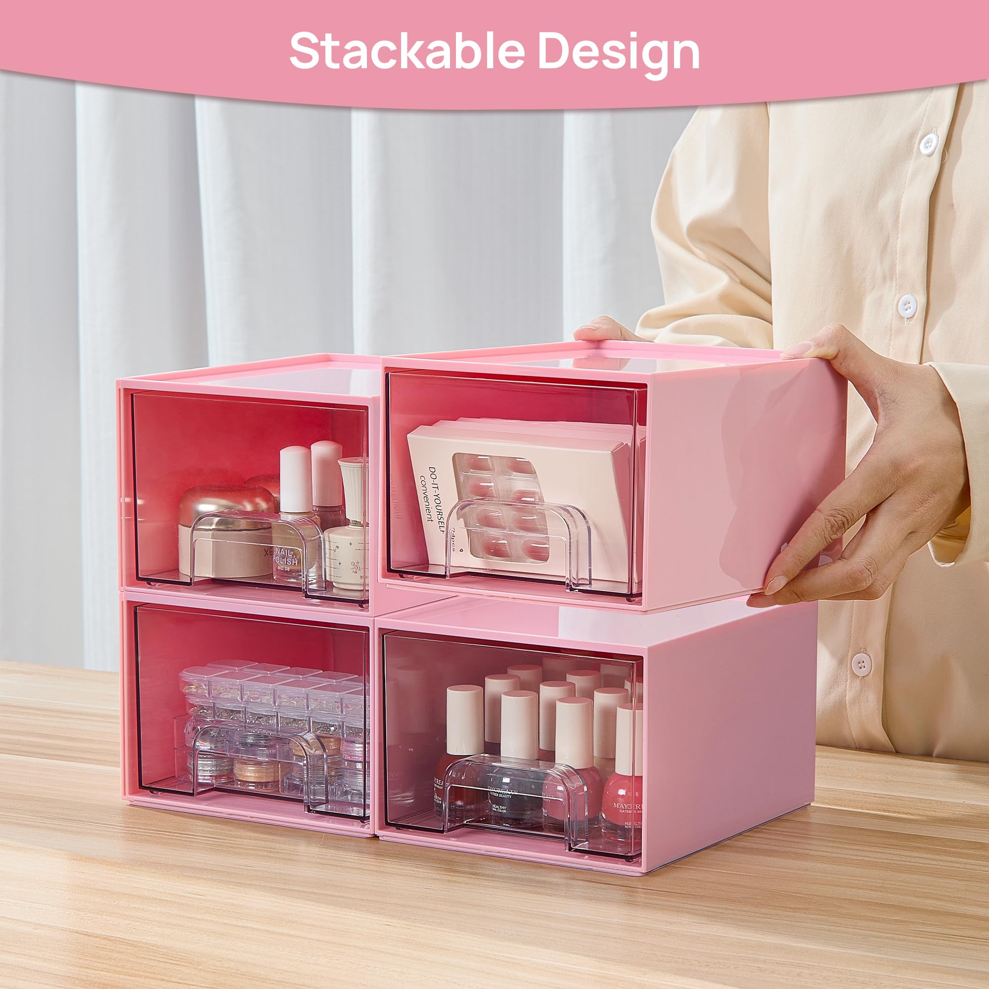 Vtopmart 4Pack Stackable Storage Drawers, 4.4'' Tall Bathroom Makeup Organizer,Plastic Storage Bins For Vanity, Undersink, Kitch