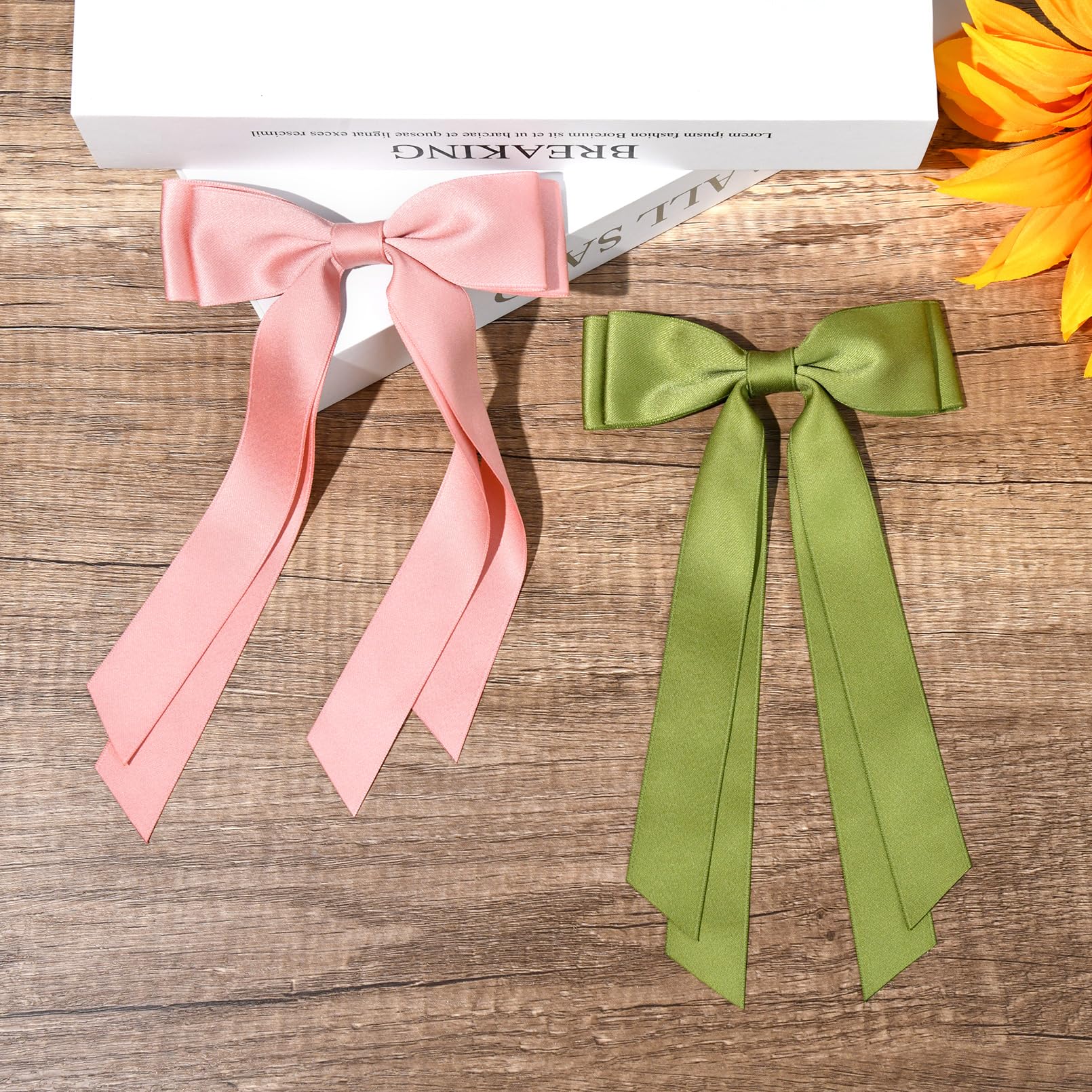 2Pcs Silky Satin Hair Bows Hair Clip Pink Green Hair Ribbon Ponytail Holder Accessories Slides Metal Clips Hair Bow For Women Gi