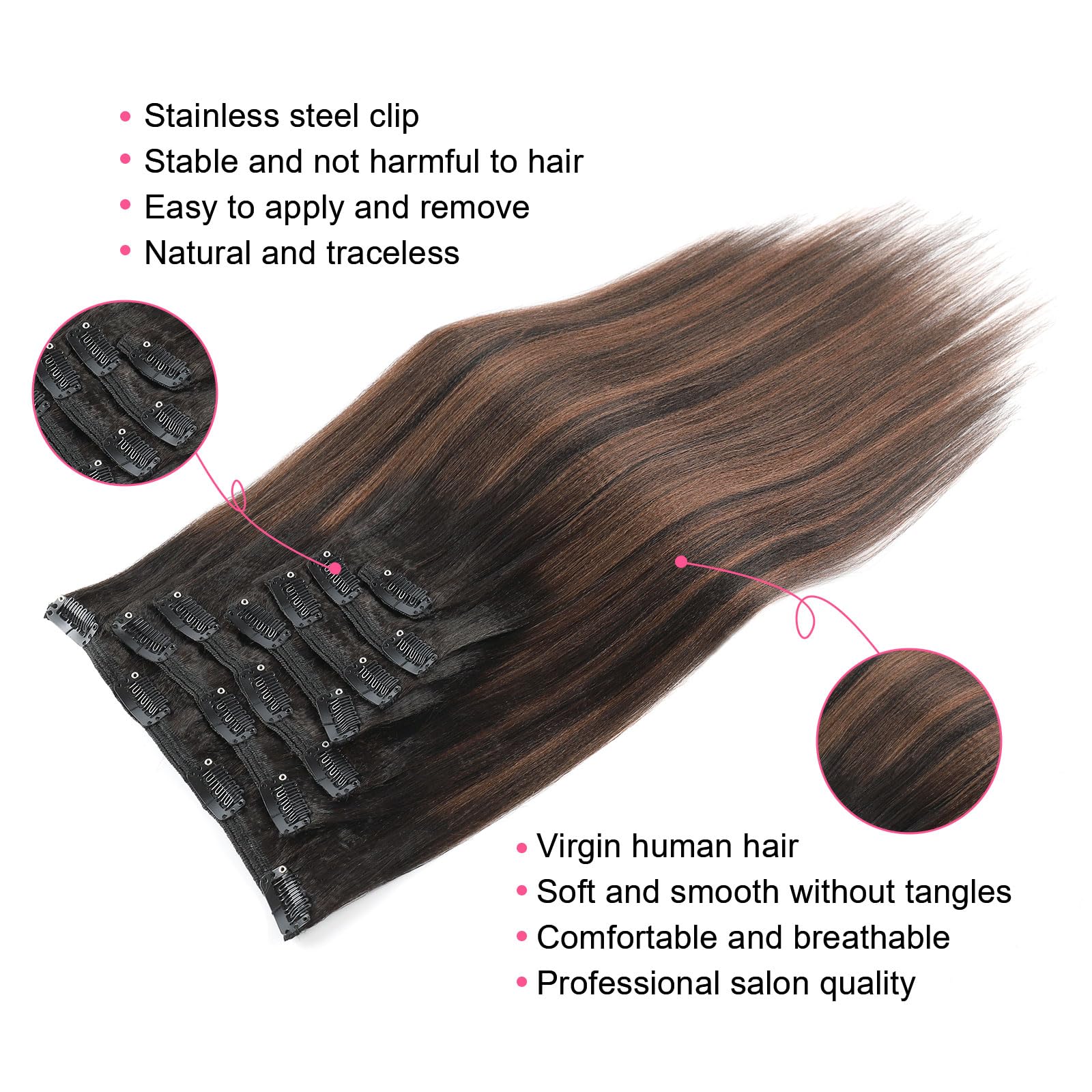 Abh Amazingbeauty Hair Yaki Straight Clip Ins Rooted Black Piano Natural Black #1B With Chocolate Brown #4 Two Tone Light Yaki C