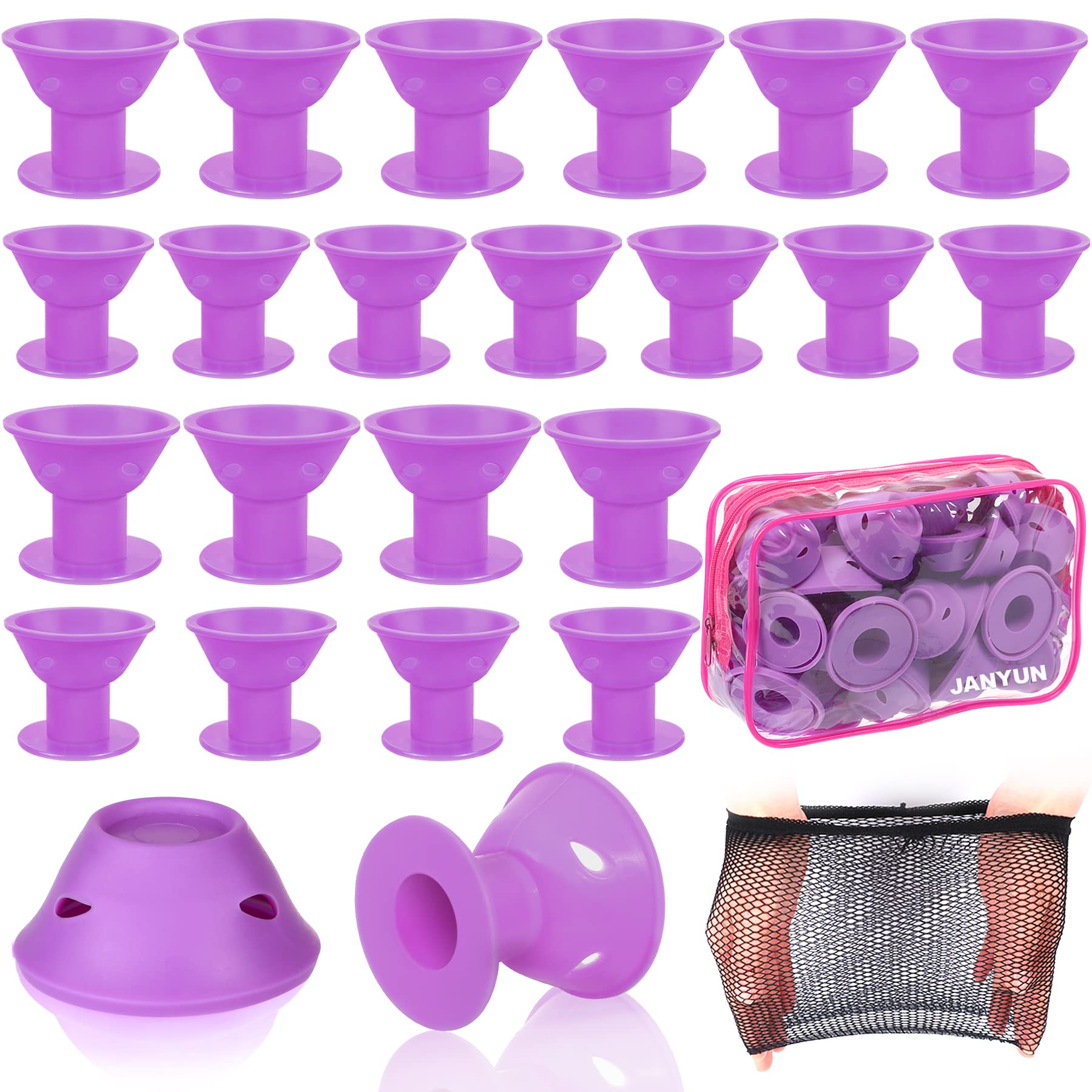 JANYUN 40 Pcs Purple Magic Hair Rollers Include 20pcs Large Sleeping Silicone Curlers 20pcs Heatless Small Hair Curlers (Purple)