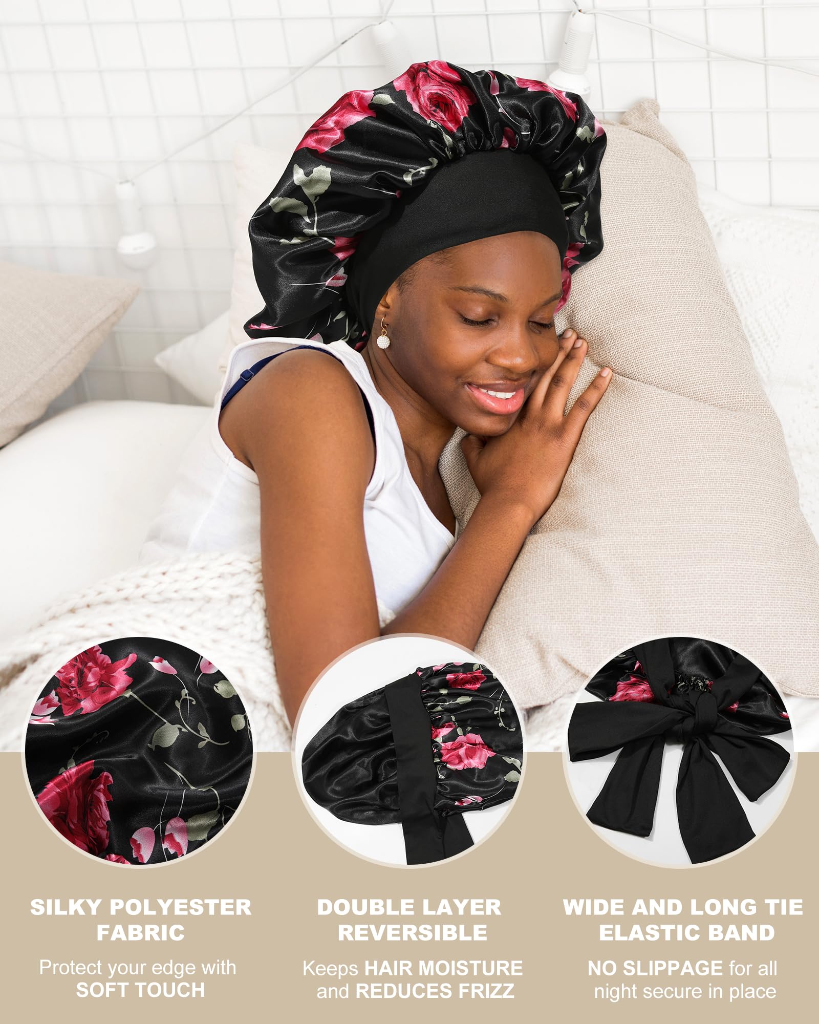 Satin Bonnet Silk Bonnet For Sleeping Women Hair Bonnet For Curly Hair Sleep Cap Reversible Double Layer Bonnet With Tie Band (B