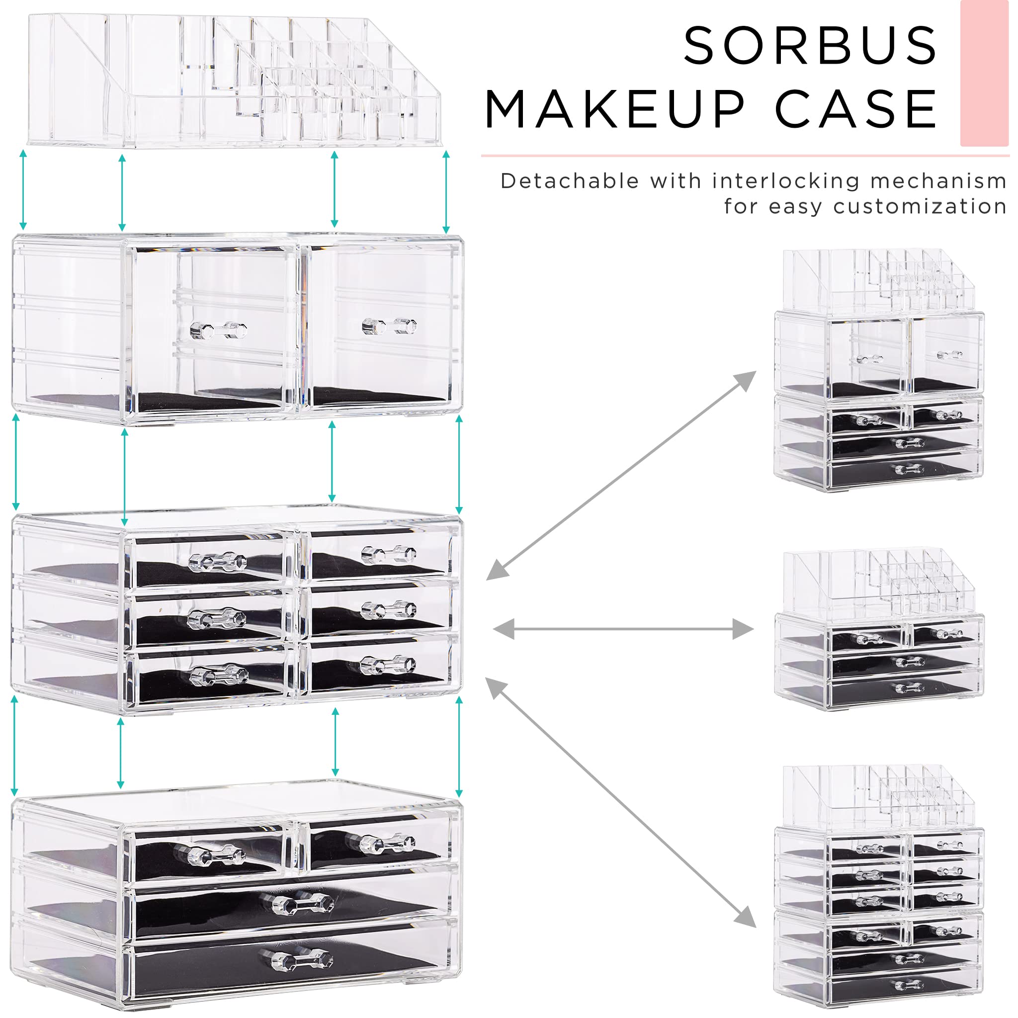 Sorbus Large Makeup Organizer - Clear Stackable Jewelry Makeup Organizer For Vanity, Bathroom Storage Display Case - 12 Drawers