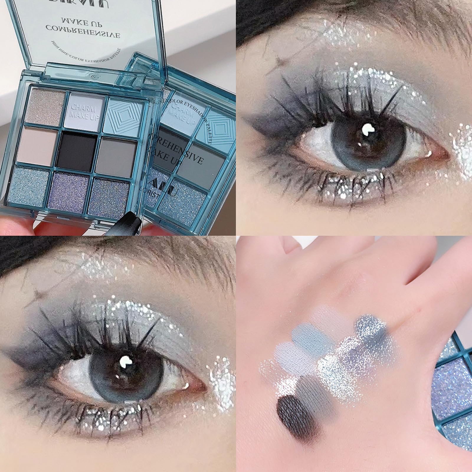 Go Ho 9 Colors Light Blue Grey Black Silver Powder Eyeshadow Palette,Matte&Shimmer&Glitter Eyeshadow Makeup Palette,Waterproof D