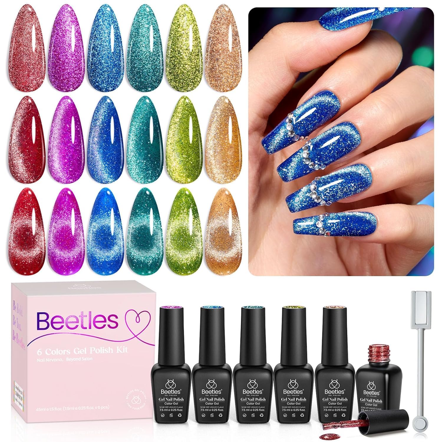 Beetles Cat Eye Gel Nail Polish, 6 Colors Glitter Red Green Blue Purple Gold Cat Eye Shimmer Gel Polish, Soak Off Sparkle Stunni