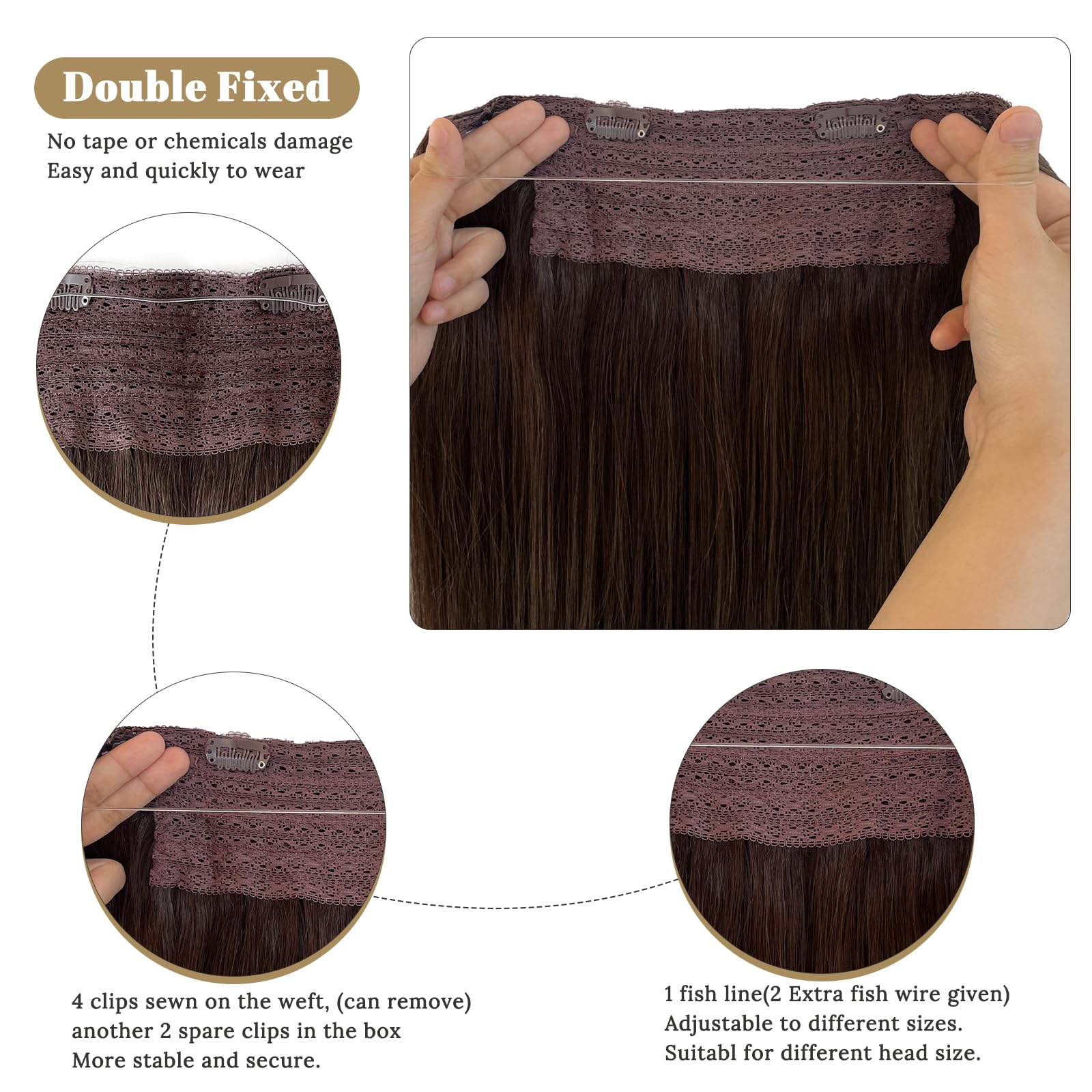 Halos Extensions Human Hair Dark Brown 20Inch 100G Silky Straight Invisible Wire Fish Line Remy Human Hair Halos Extensions Remy