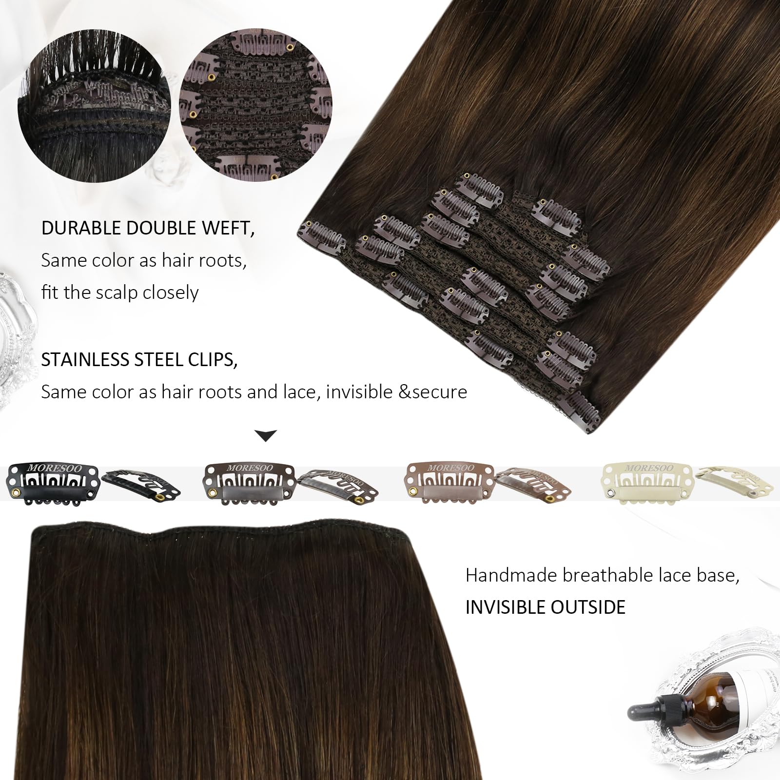Moresoo Clip On Hair Extensions Human Hair Ombre Clip In Extensions Human Hair Darkest Brown Mixed With Chestnut Brown Balayage