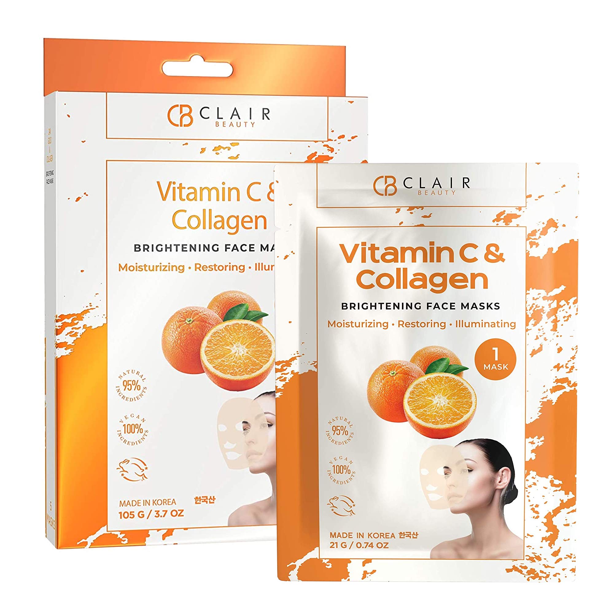 Clear Beauty Vitamin C And Collagen Sheet Face Mask - Diminishes Fine Lines & Wrinkles, Lifts & Hydrates Skin, Brightening Sheet