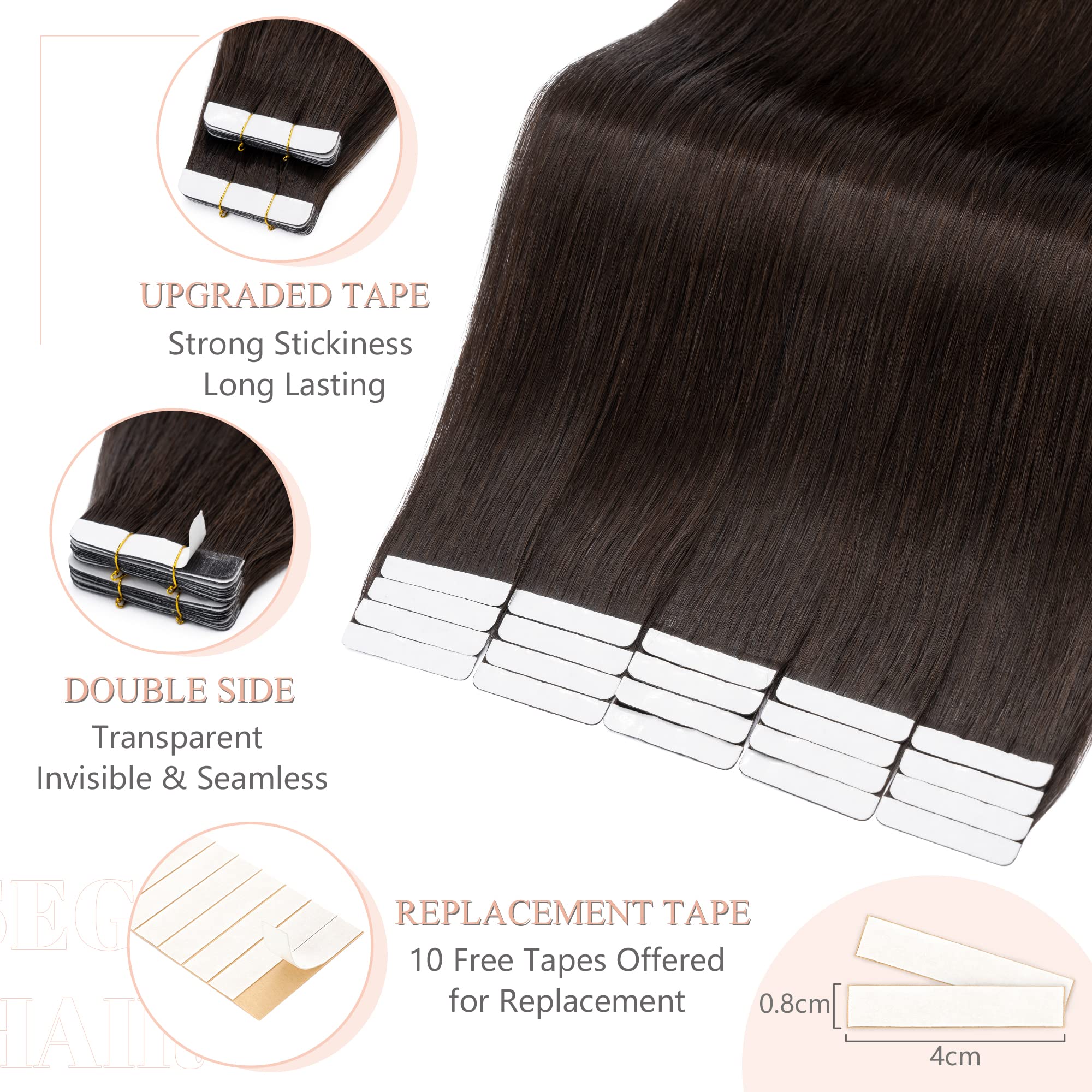 Sego Tape In Hair Extensions Human Hair 20 Inch Natural Black 40Pcs 100G Straight Natural 100% Remy Rooted Seamless Skin Weft In