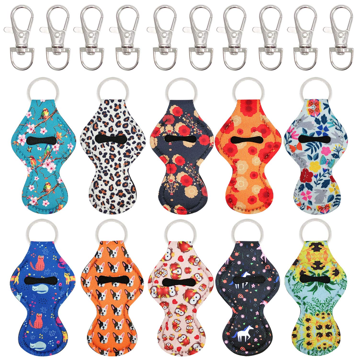 allydrew 10 Pack Chapstick Holder Keychain, Keyring for Lip Balm Lip Gloss Lipstick with 10 Pieces Metal Keyring Clasps, Fun col