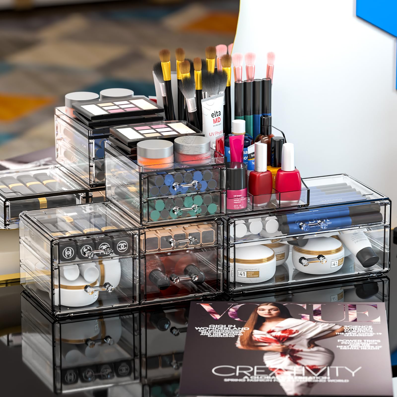 Cq acrylic 3 Pack Clear Make Up Organizers for Vanity With 8 Drawers,Stackable Skincare Organizer and Cosmetic Storage Organizer