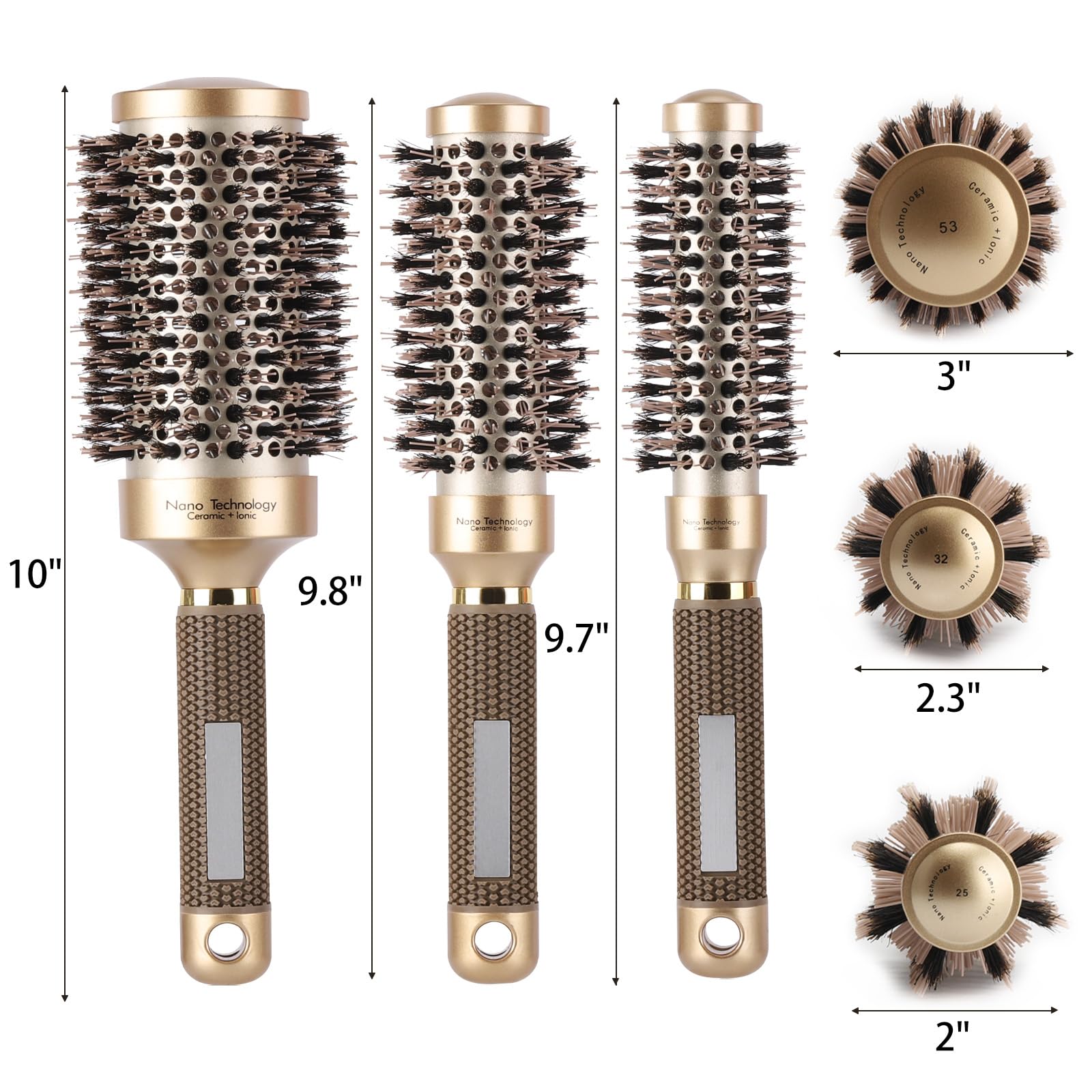 3 Pcs Boar Bristle Round Brush For Blow Drying, Nano Thermal Ceramic And Ionic Tech Hair Brush For Curling And Straightening - L