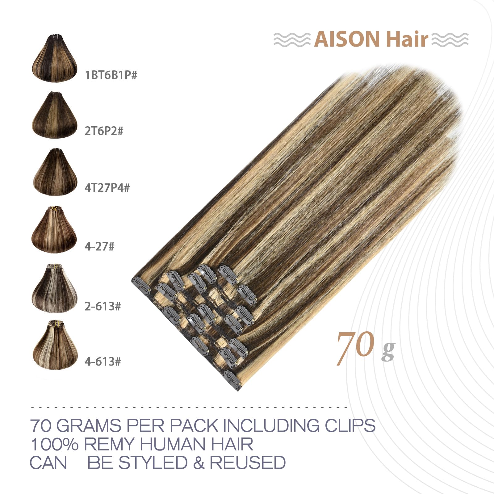 Aison 15 inch Caramel Clip in Hair Extensions Real Human Hair 70G Medium Brown/Dark Blonde 100% Remy Human Hair Soft Highlight C