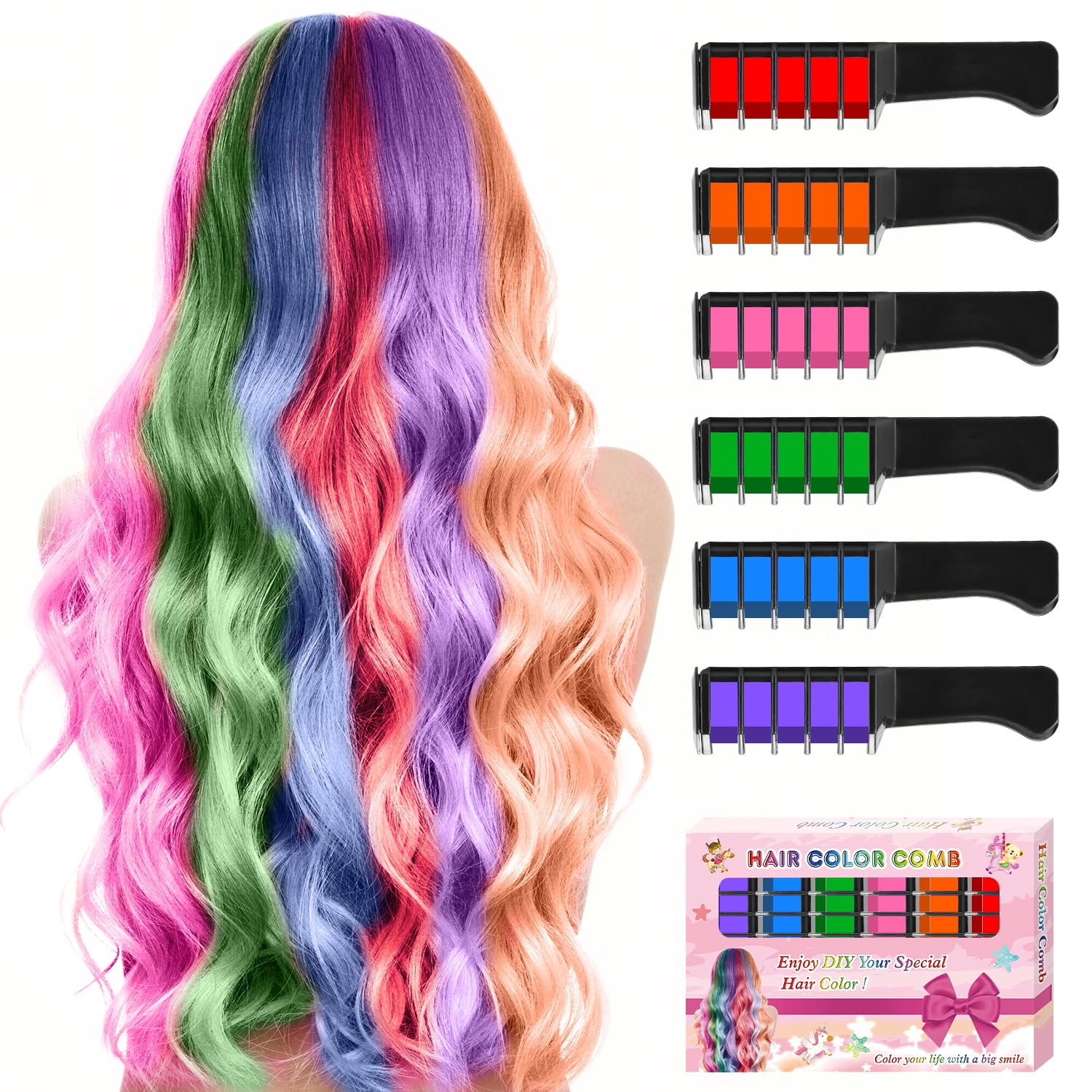 6 Color New Hair Chalk Comb Temporary Bright Washable Hair Color Dye for Kids,Washable Hair Chalk for Girls Age 4 5 6 7 8 9 10 N