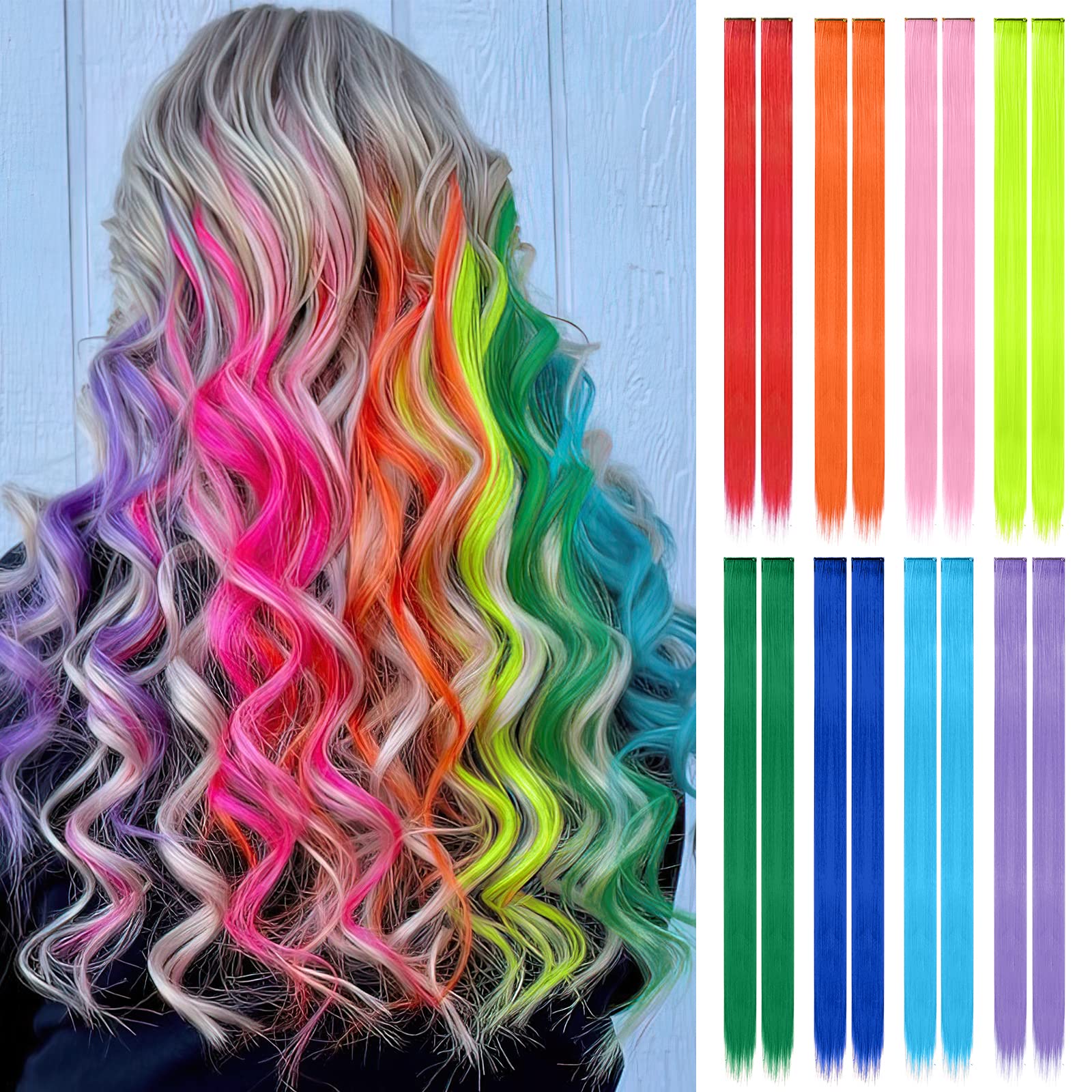 FESHFEN Colored Hair Extensions, 16 PCS 8 Colors Rainbow Hairpieces for Women Highlight Colorful Straight Clip in Hair Extension