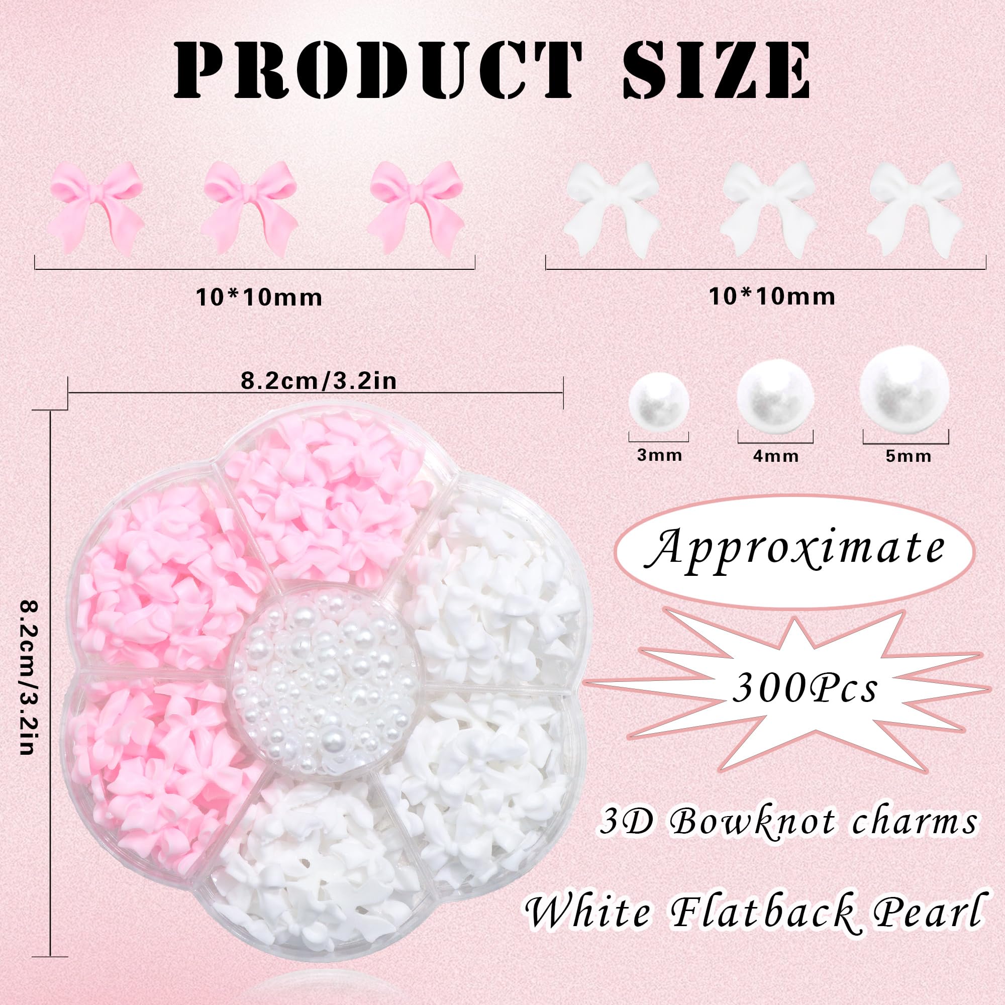 300Pcs Bow Nail Charms And Flatback Pearls,Pink White Bowknot 3D Cute Nail Charms For Acrylic Nail Supplies Design,3-5Mm White H