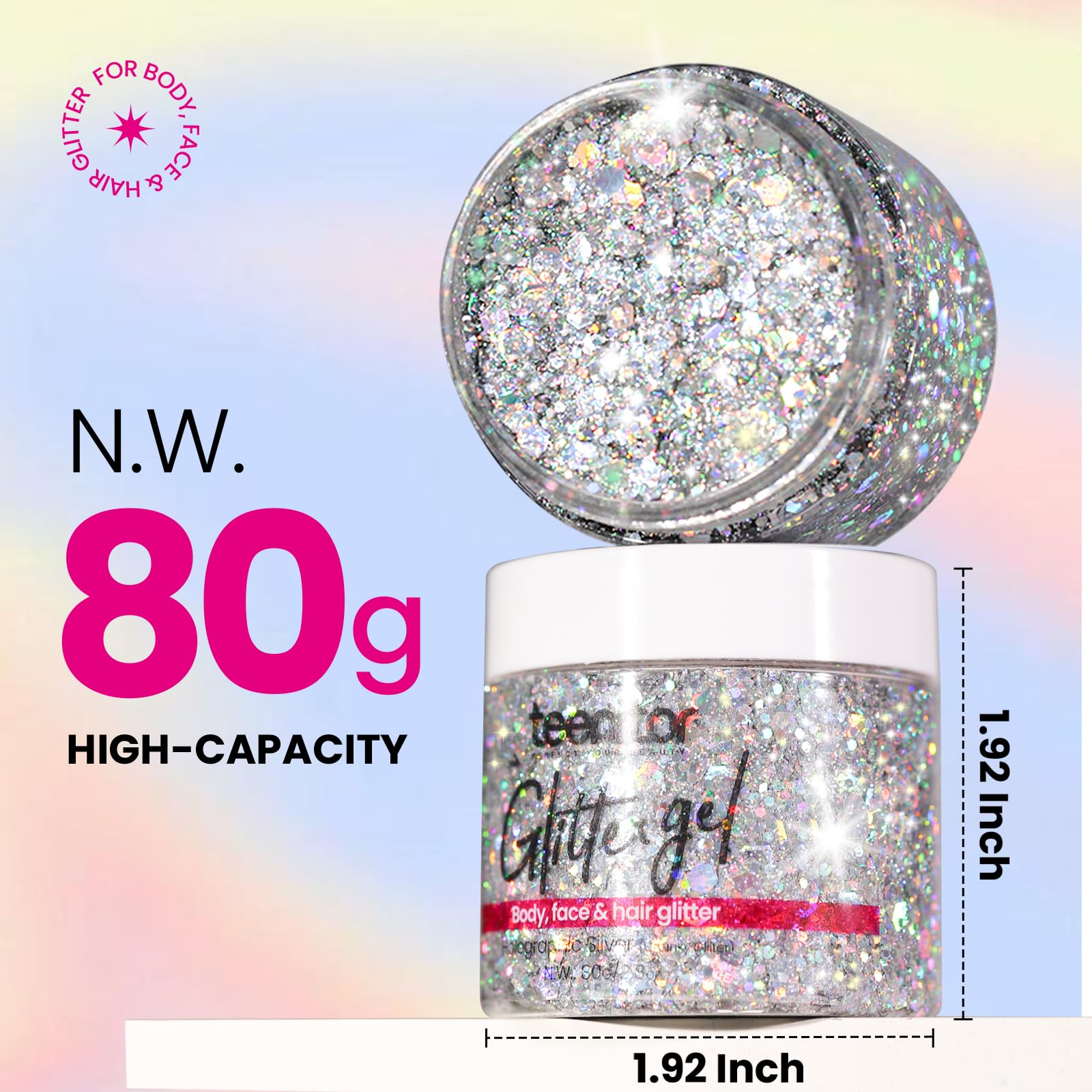Teenitor Body Glitter, Silver Glitter, Body Glitter Gel, Hair Glitter, Face Glitter, Silver Glitter Gel for Face, Makeup, Hair,