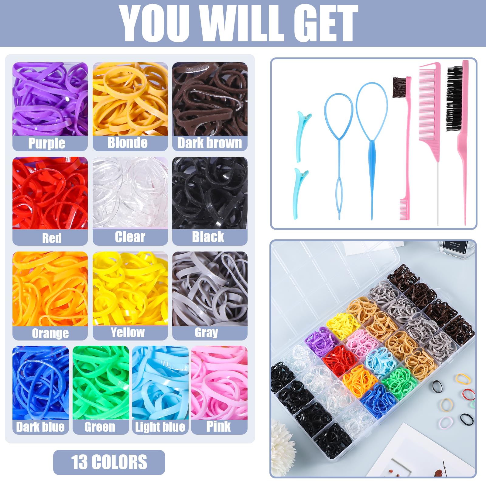 Rubber Bands And Hair Styling Tools Set: 1500 Pcs Elastic Hair Ties With Organizer Box, Baby/Toddler Hair Accessories Gift For W
